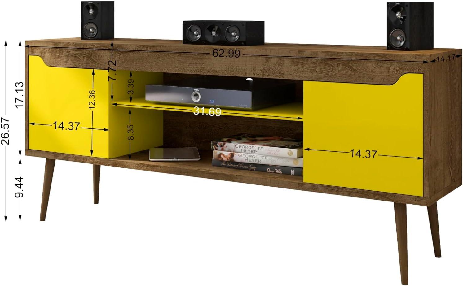 Manhattan Comfort Bradley TV Stand for TVs up to 60" Rustic Brown/Yellow: Mid-Century Modern Media Console with Open Shelves