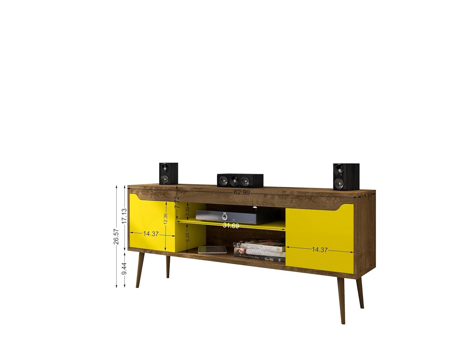 Manhattan Comfort Bradley TV Stand for TVs up to 60" Rustic Brown/Yellow: Mid-Century Modern Media Console with Open Shelves