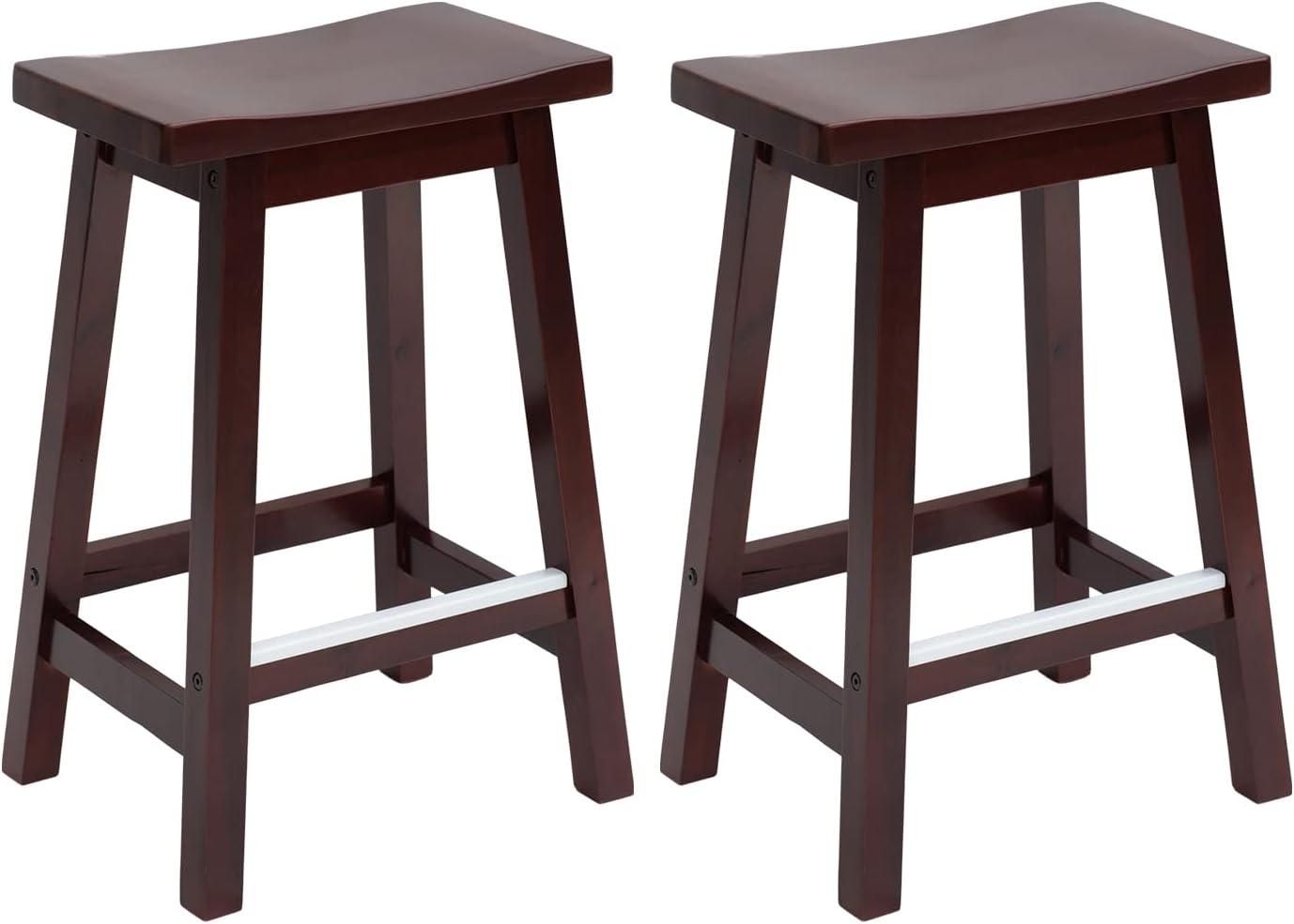 QuellQuest Bar Stools Set of 2 for Kitchen Counter Solid Wooden Saddle Stools 24-Inch/30-Inch Height (Brown, 24 in)