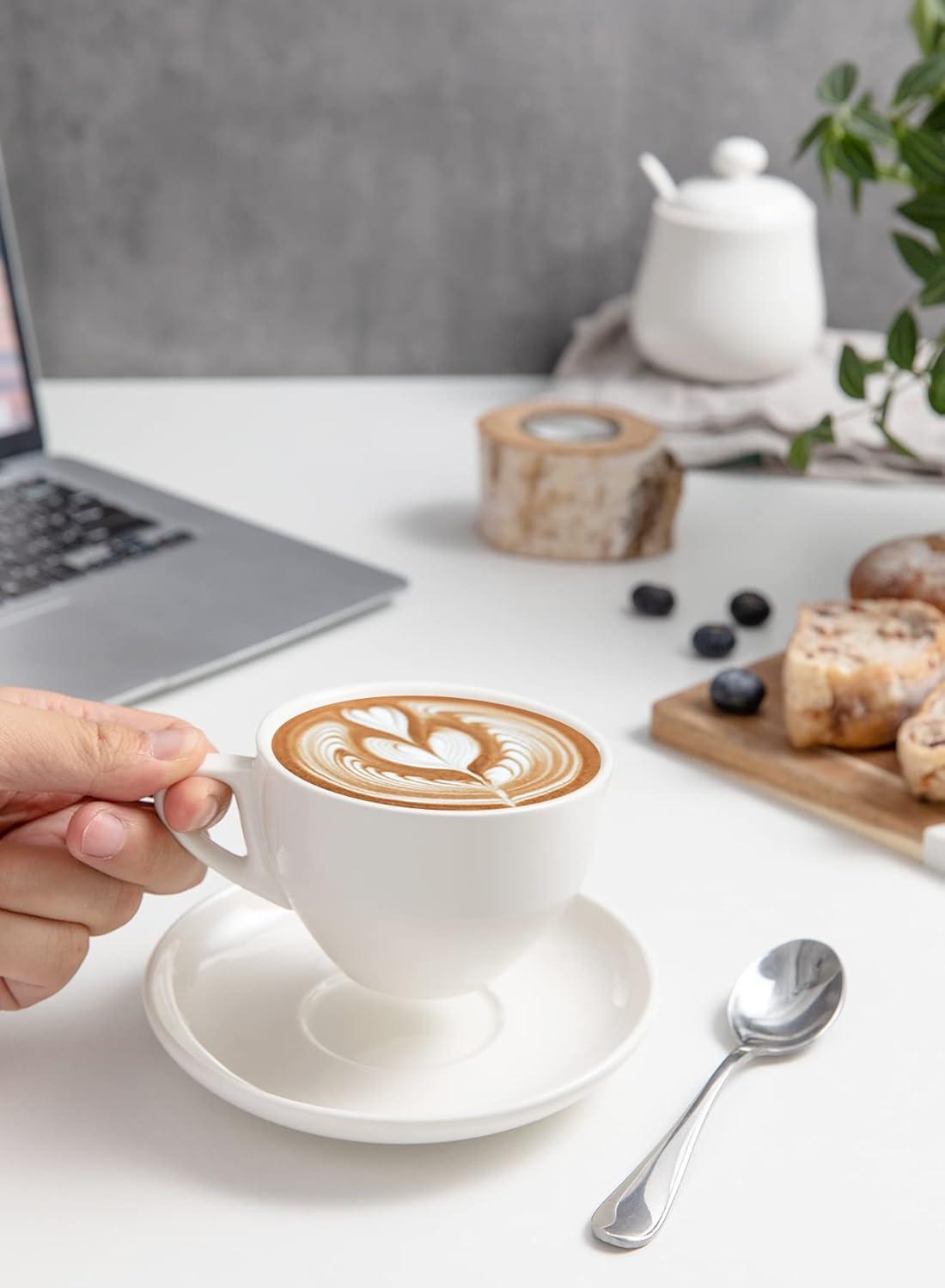 White Ceramic Cappuccino Cups with Saucers Set of 6