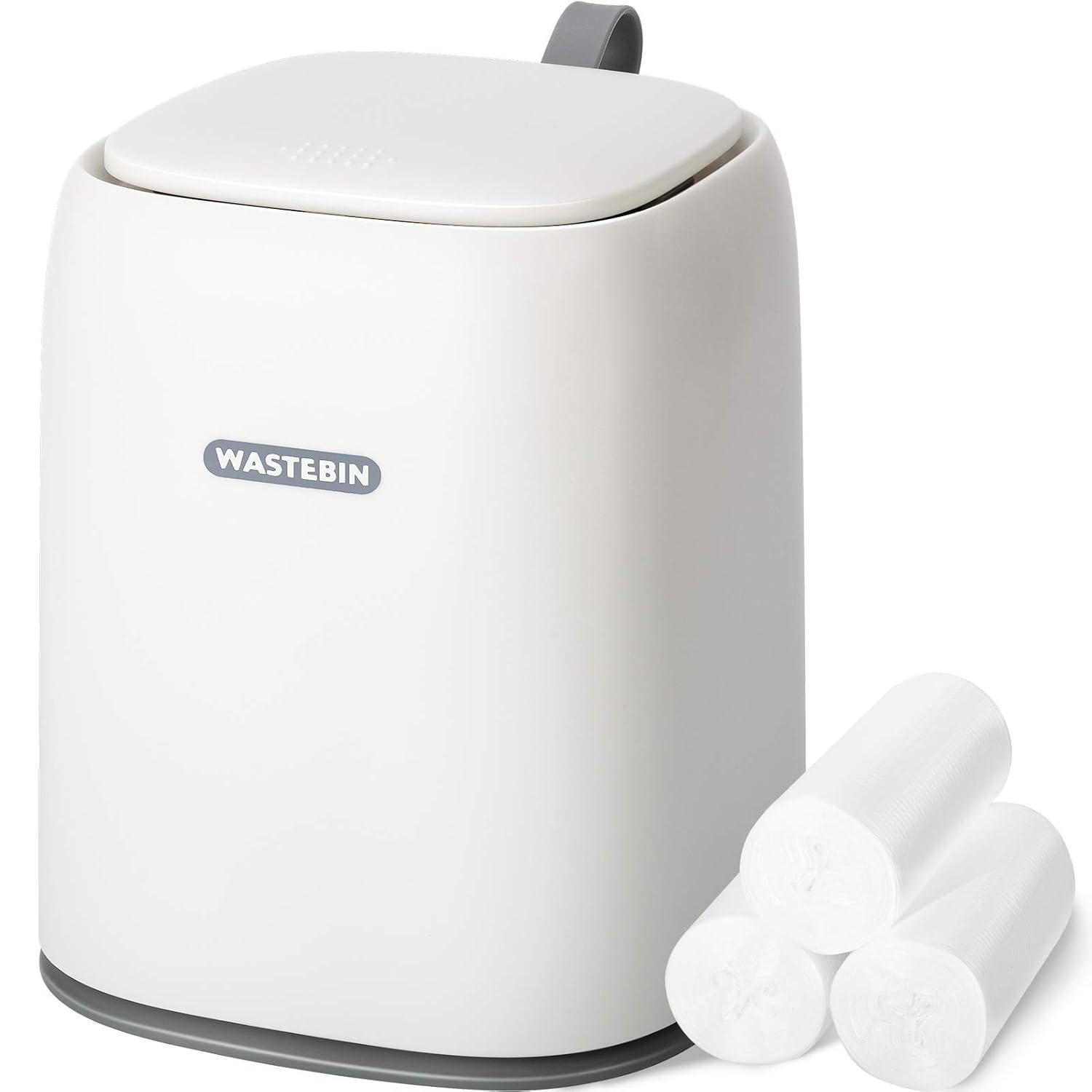 White Mini Countertop Trash Can with Press Lid and Bags