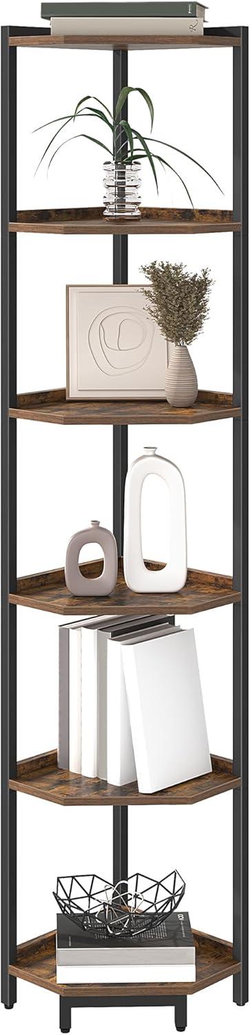 Corner Shelf Stand, Corner Bookshelf, Storage Standing Shelf Unit with Metal Frame, Plant Stand, Corner Bookcase for Living Room, Home Office, Bedroom, 4-Tier Rustic Brown CS05801B