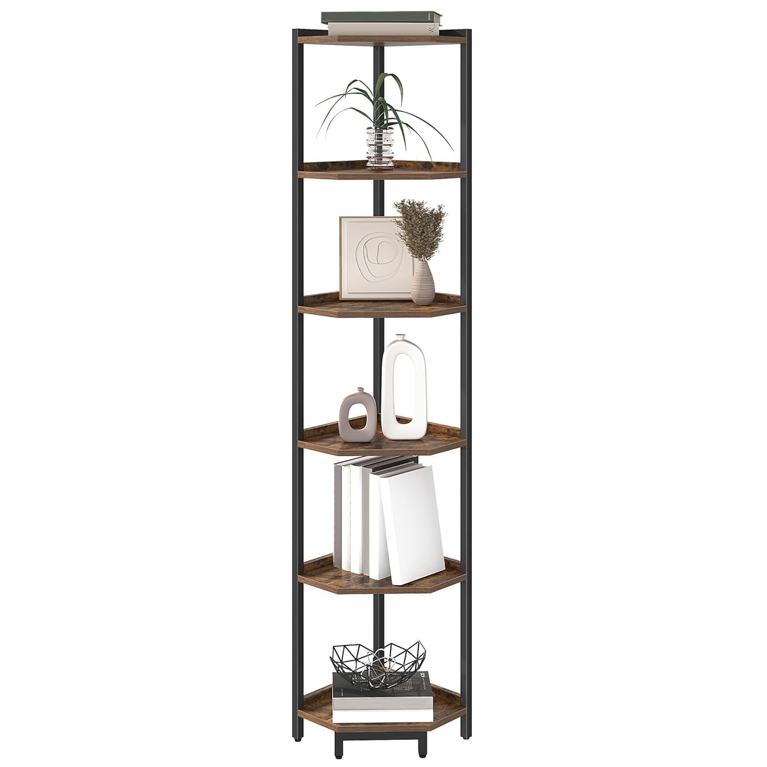 Corner Shelf Stand, Corner Bookshelf, Storage Standing Shelf Unit with Metal Frame, Plant Stand, Corner Bookcase for Living Room, Home Office, Bedroom, 4-Tier Rustic Brown CS05801B