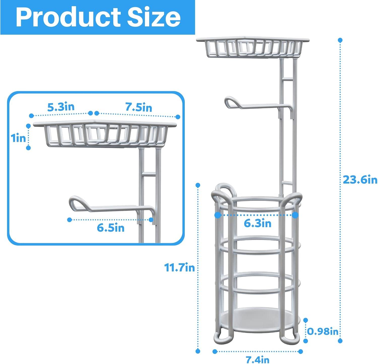 Silver Gray Steel Cylindrical Toilet Paper Holder Stand with Shelf