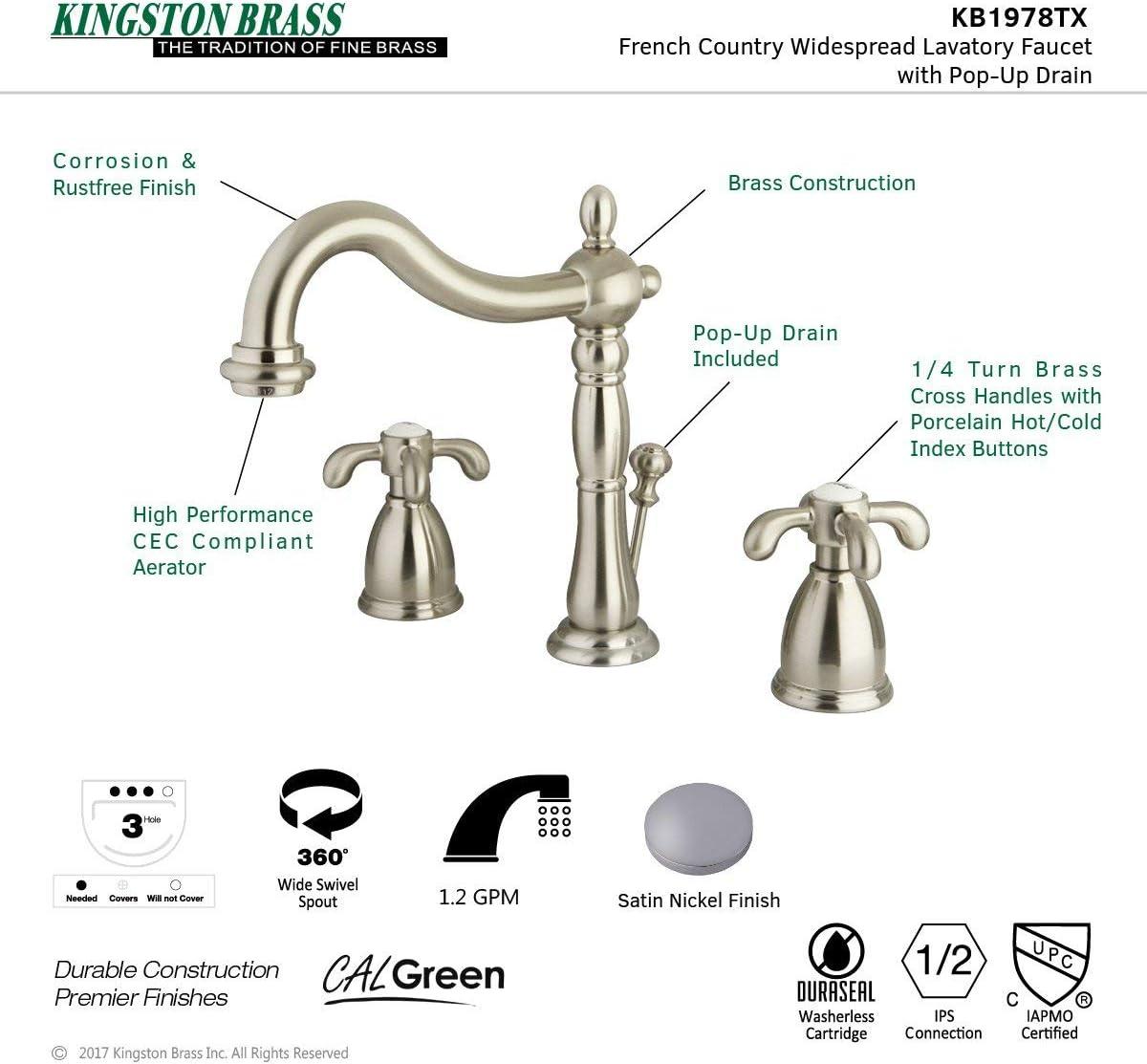 Kingston Brass French Country Two-Handle 3-Hole Deck Mount Widespread Bathroom Faucet with Pop-Up Drain