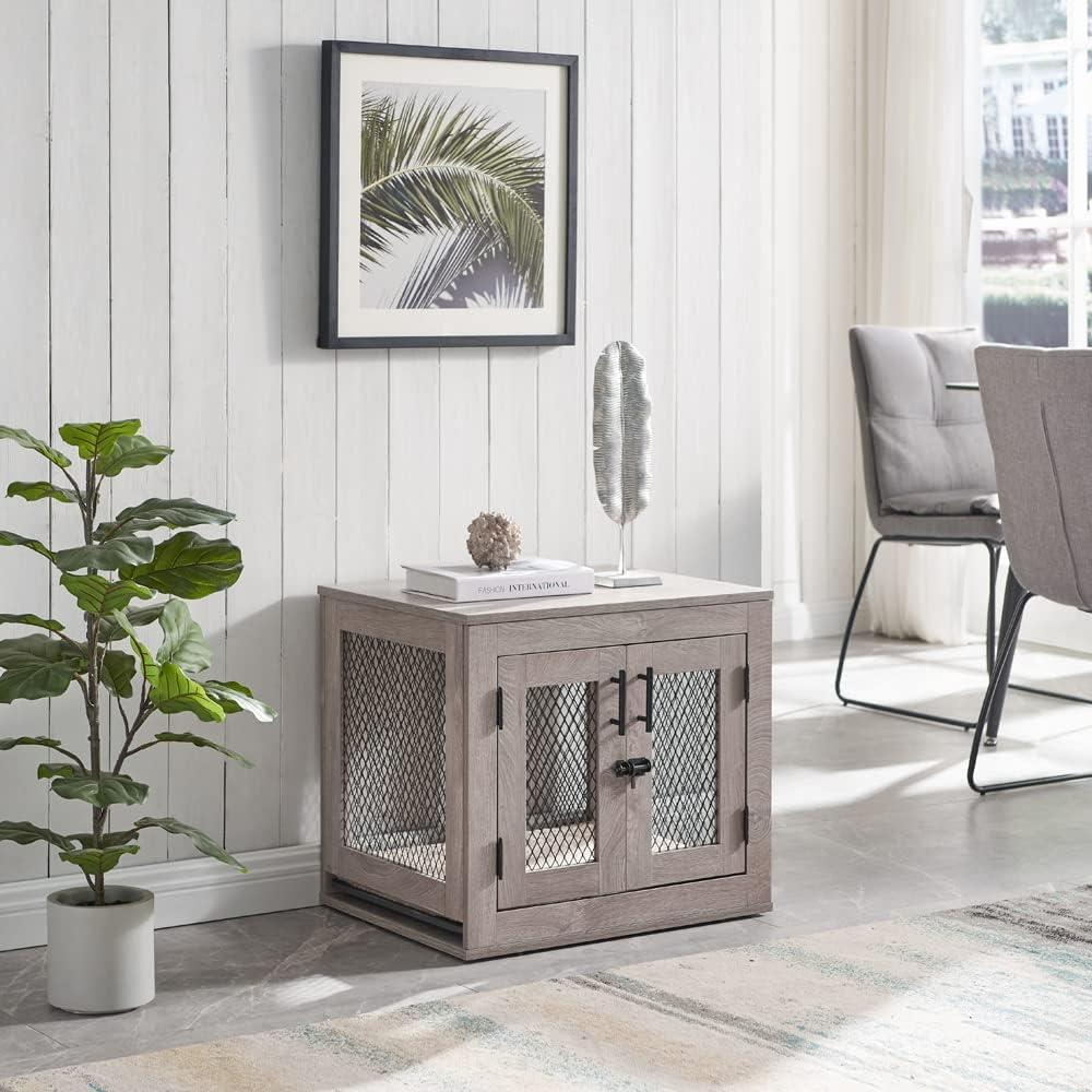 Small Weathered Gray Wooden Pet Crate with Tray