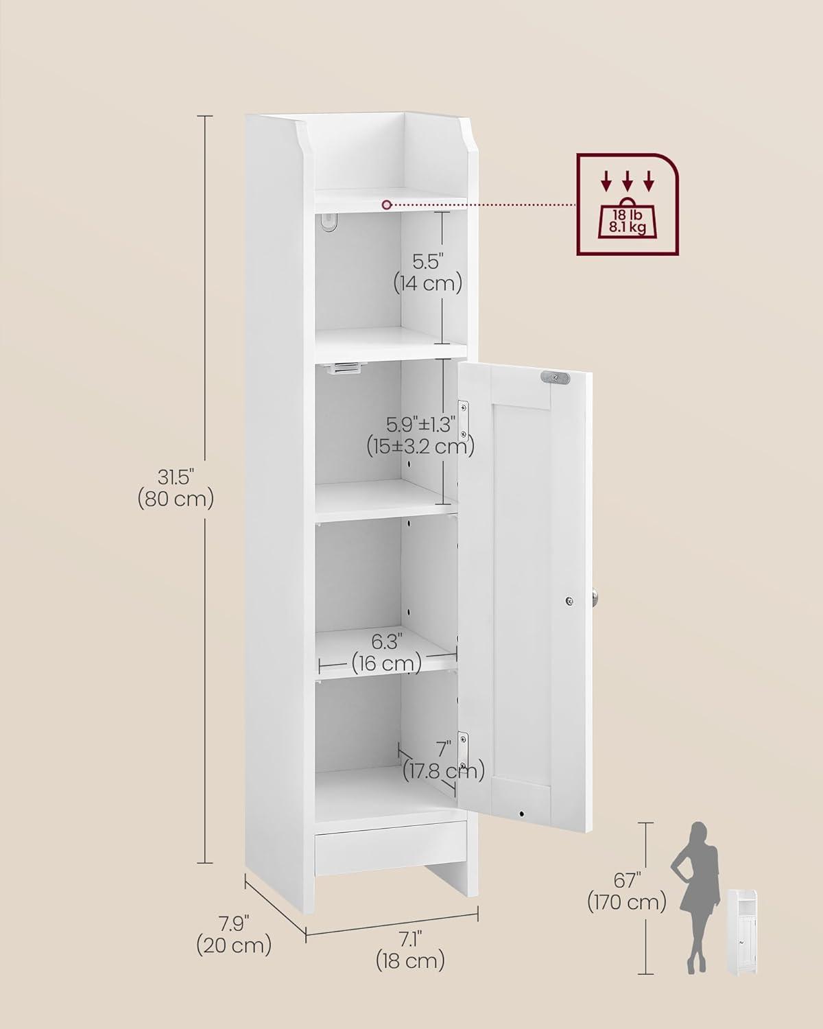 White MDF Narrow Bathroom Storage Cabinet with Adjustable Shelves