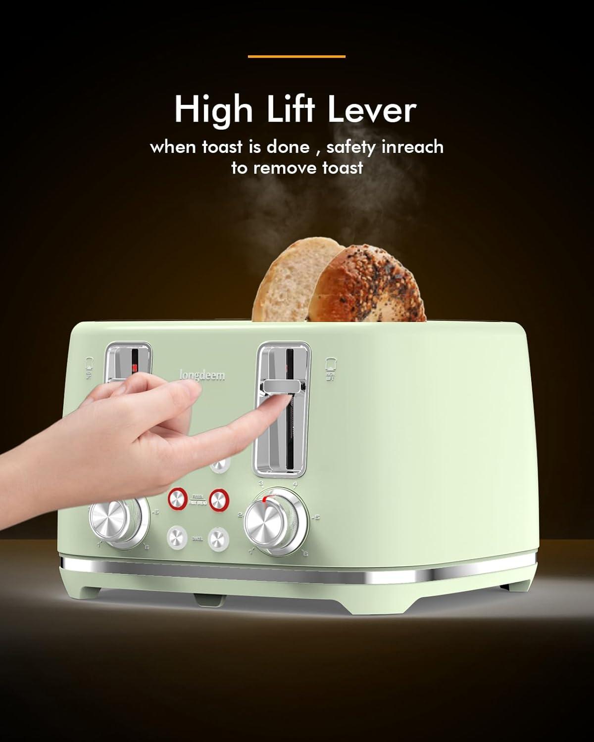 LONGDEEM 4 Slice Toaster, Extra Wide Slots, Longdeem Retro Stainless Steel Toasters, 6 Browning Options, Auto Shut Off & Frozen Function, Toast Fruit Bread, Bagel & Waffle