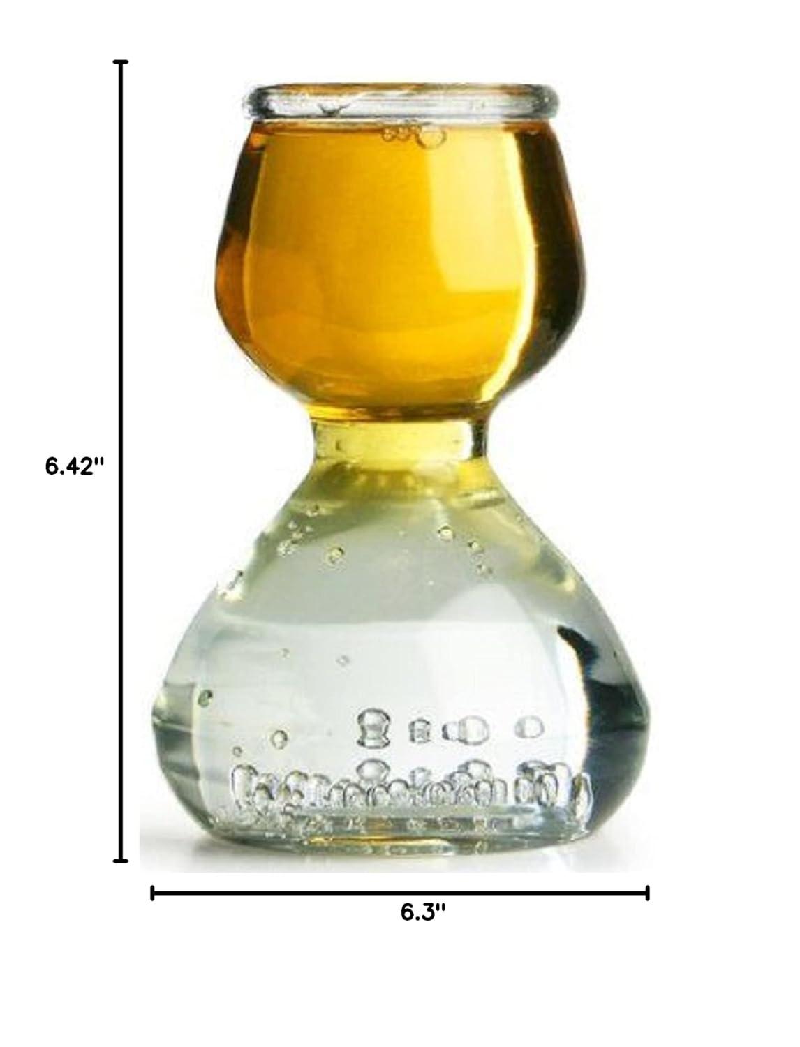 QUAFFER Double Bubble Layered Shot Glass Plus Recipe Card Glass Clear 1.25oz On Top, 2.25 oz On Bottom (Set of 4)
