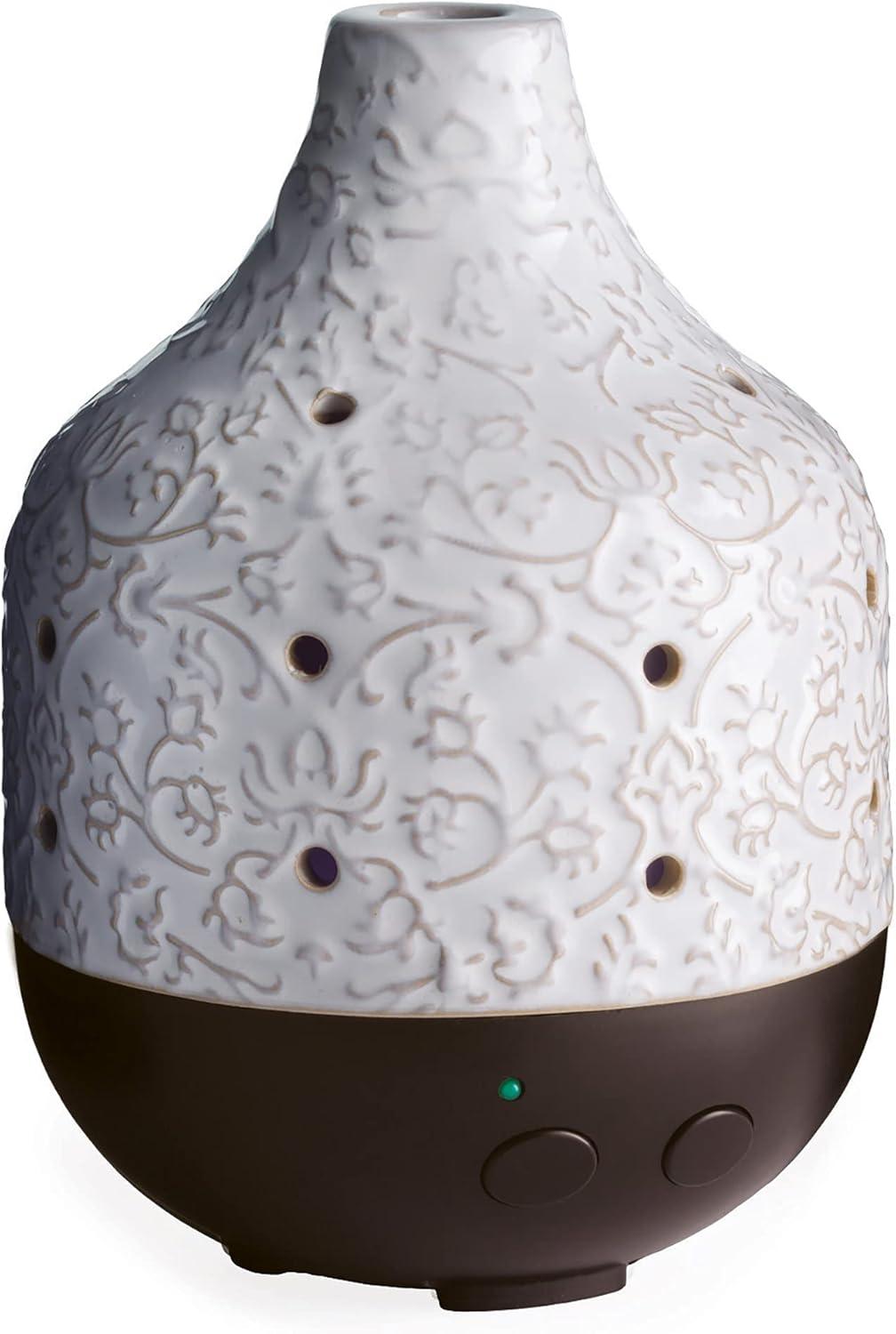 Airome Botanical Large Ceramic Essential Oil Diffuser250 mL Humidifying Ultrasonic Aromatherapy Diffuser 8 Colorful LED Lights, Up to 24 Hours Intermittent & Continual Mist with Auto Shut-Off, White