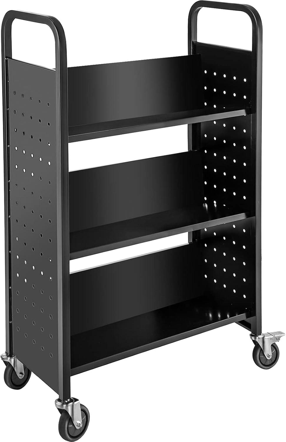 Black Steel Rolling Library Cart with V-Shaped Shelves