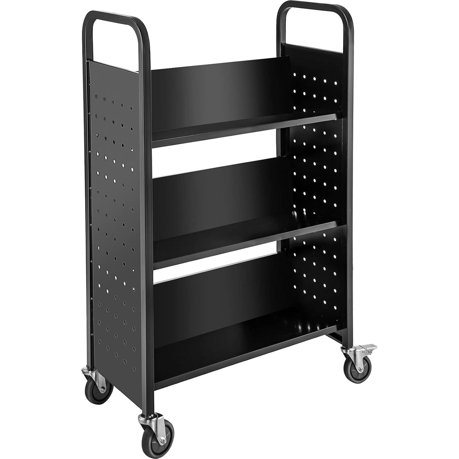 VEVOR Book Cart, 200lbs Library Cart, 30x14x49 Inch Rolling Book Cart Single Sided V-Shaped Sloped Shelves with 4 Inch Lockable Wheels, for Home Shelves Office and School Book Truck in Black