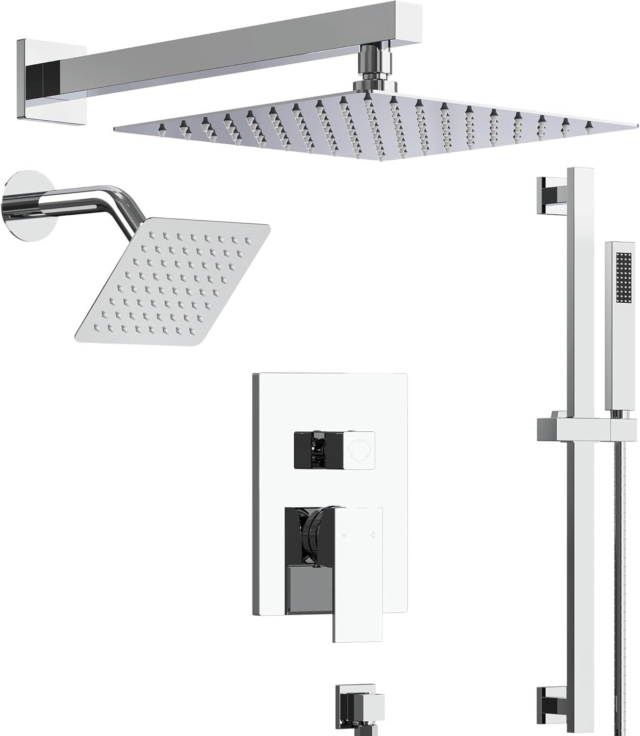 EVERSTEIN DualJetSpa 10-Inch High-Pressure Rainfall Shower Faucet with Handheld Spray, Wall Mount Dual Showerheads System with Slide Bar and Rough-in Valve SFS-1059-CH10