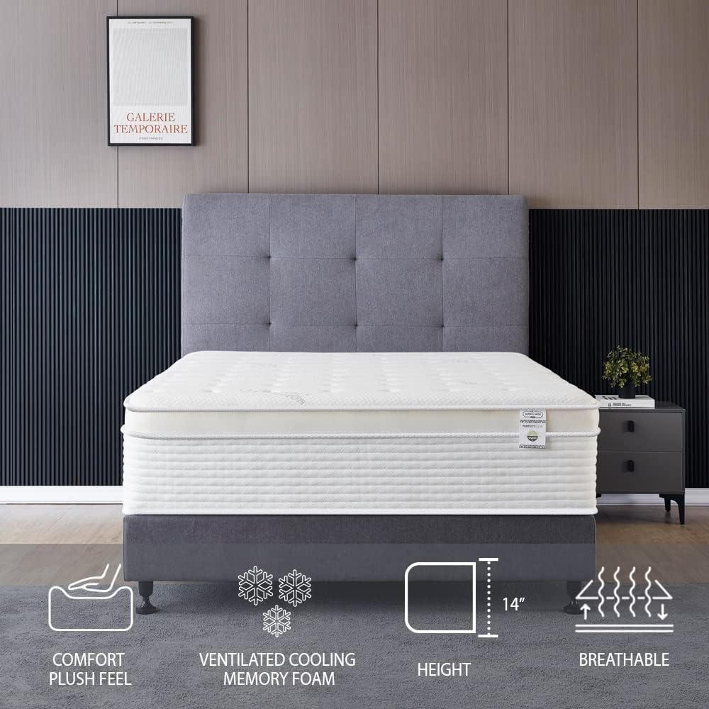 Queen Size Mattress - 14 Inch Cool Memory Foam & Spring Hybrid Mattress - Euro Top - Medium Firm - Oliver & Smith