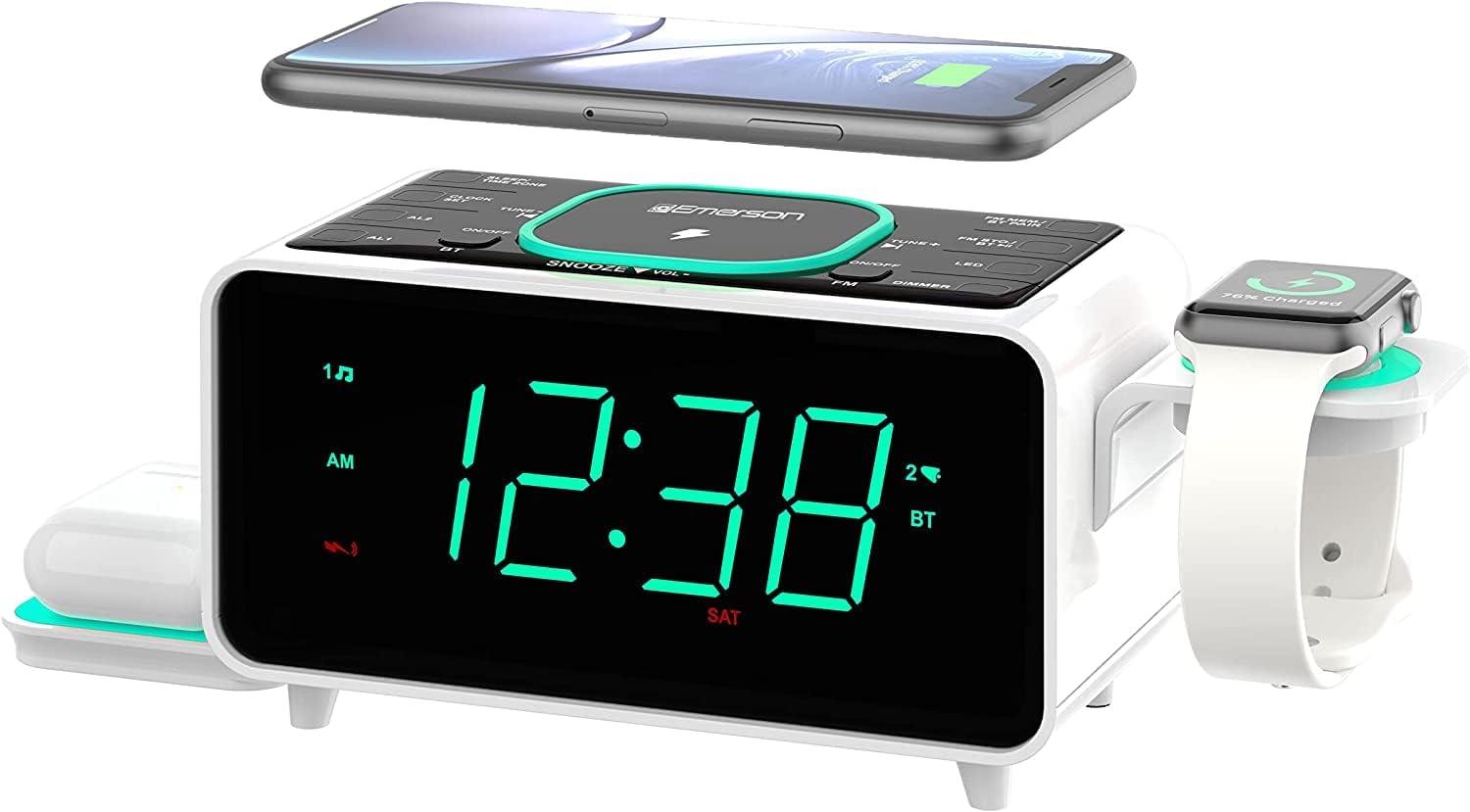 Emerson SmartSet Multiple Wireless Charging, Dual Alarm Clock Radio, Bluetooth Speaker, USB Charger, Cyan Night LED and 1.4” Display, ER100501