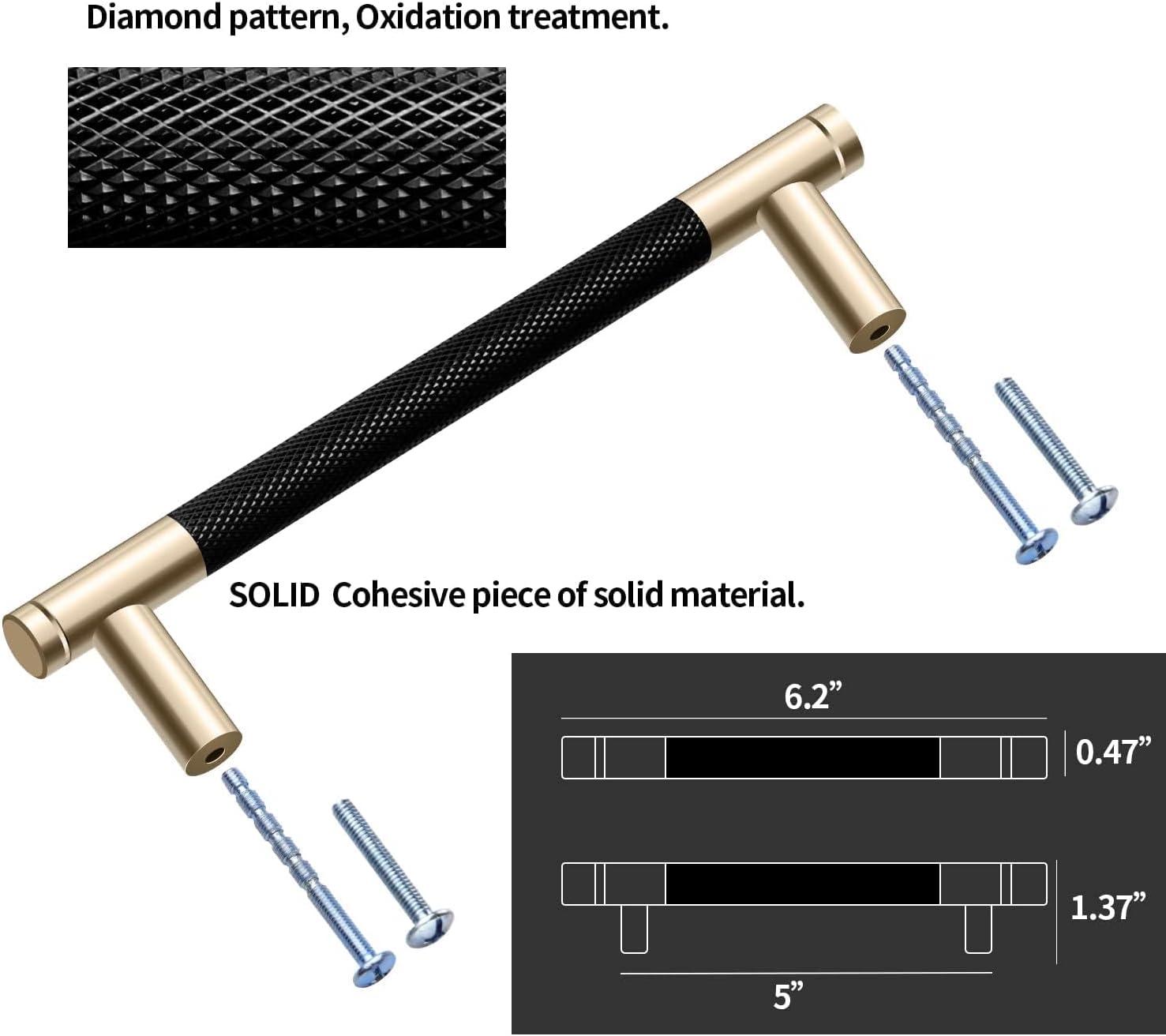 2 Pack 5 Inch 128 mm Knurled Cabinet Handles Cabinet Pulls Aluminum Handles Knurled Drawer Pulls Gold and Black Oxidation Finish with Diamond Pattern 6" Length (5" Hole Center)
