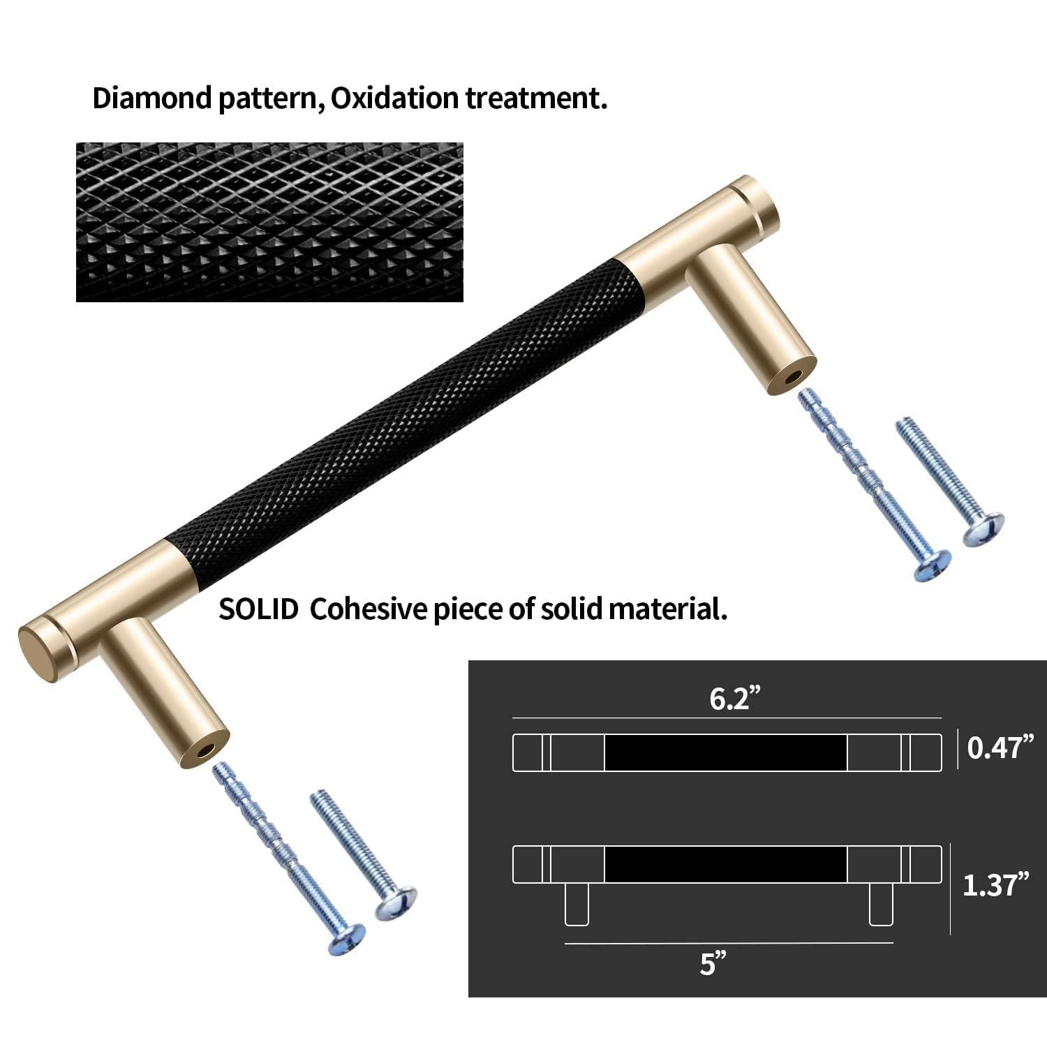 2 Pack 5 Inch 128 mm Knurled Cabinet Handles Cabinet Pulls Aluminum Handles Knurled Drawer Pulls Gold and Black Oxidation Finish with Diamond Pattern 6" Length (5" Hole Center)