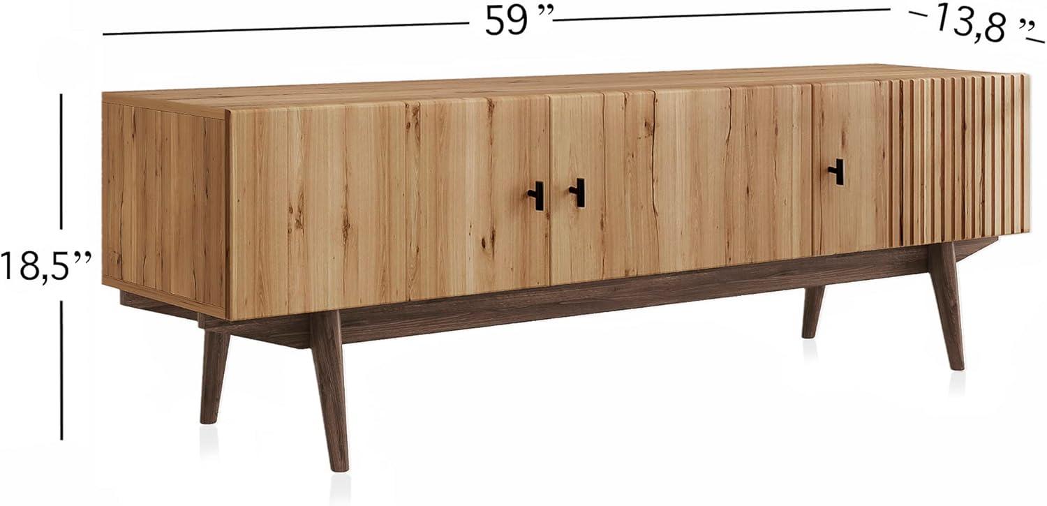 Living Skog  Chelsea Brown TV Stand Fits for TV's up to 65 in. with Slatted Design and Wood Legs light brown Matte Laminate