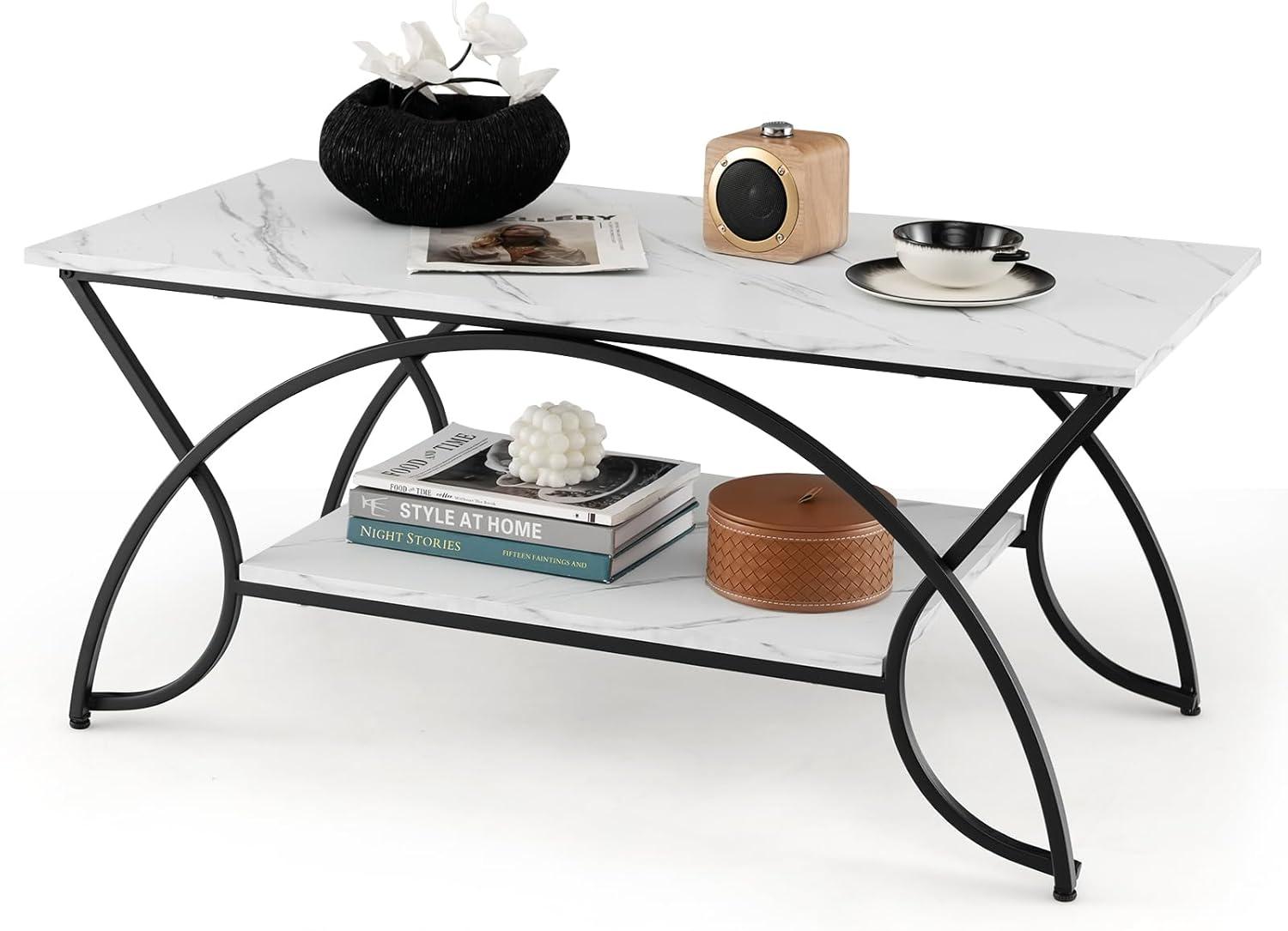 Kepooman Coffee Table,Center Table, Modern Sofa Table Tea Table,2-Tier Faux Marble Coffee Table with Marble Top and Metal Frame-Black & White