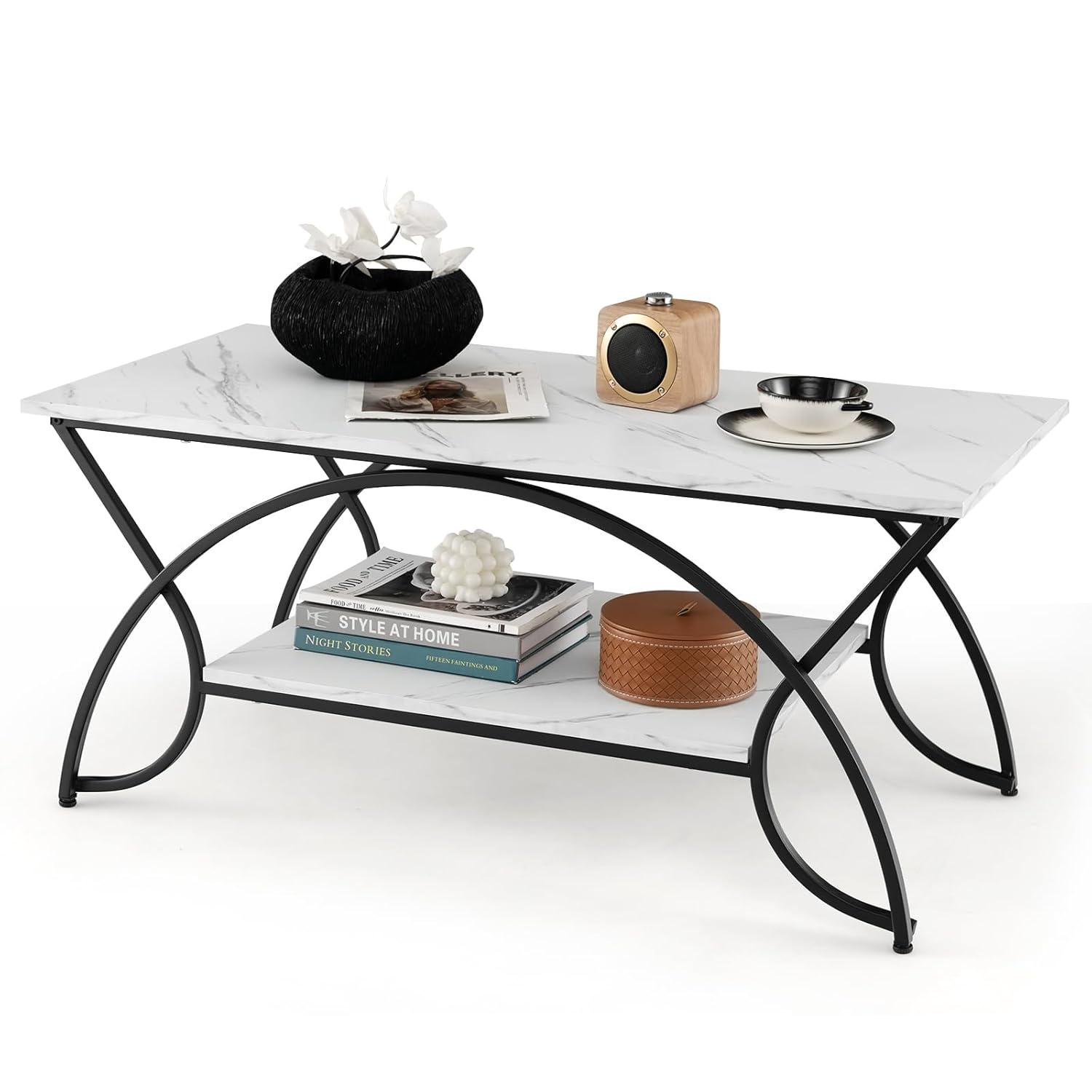 Kepooman Coffee Table,Center Table, Modern Sofa Table Tea Table,2-Tier Faux Marble Coffee Table with Marble Top and Metal Frame-Black & White
