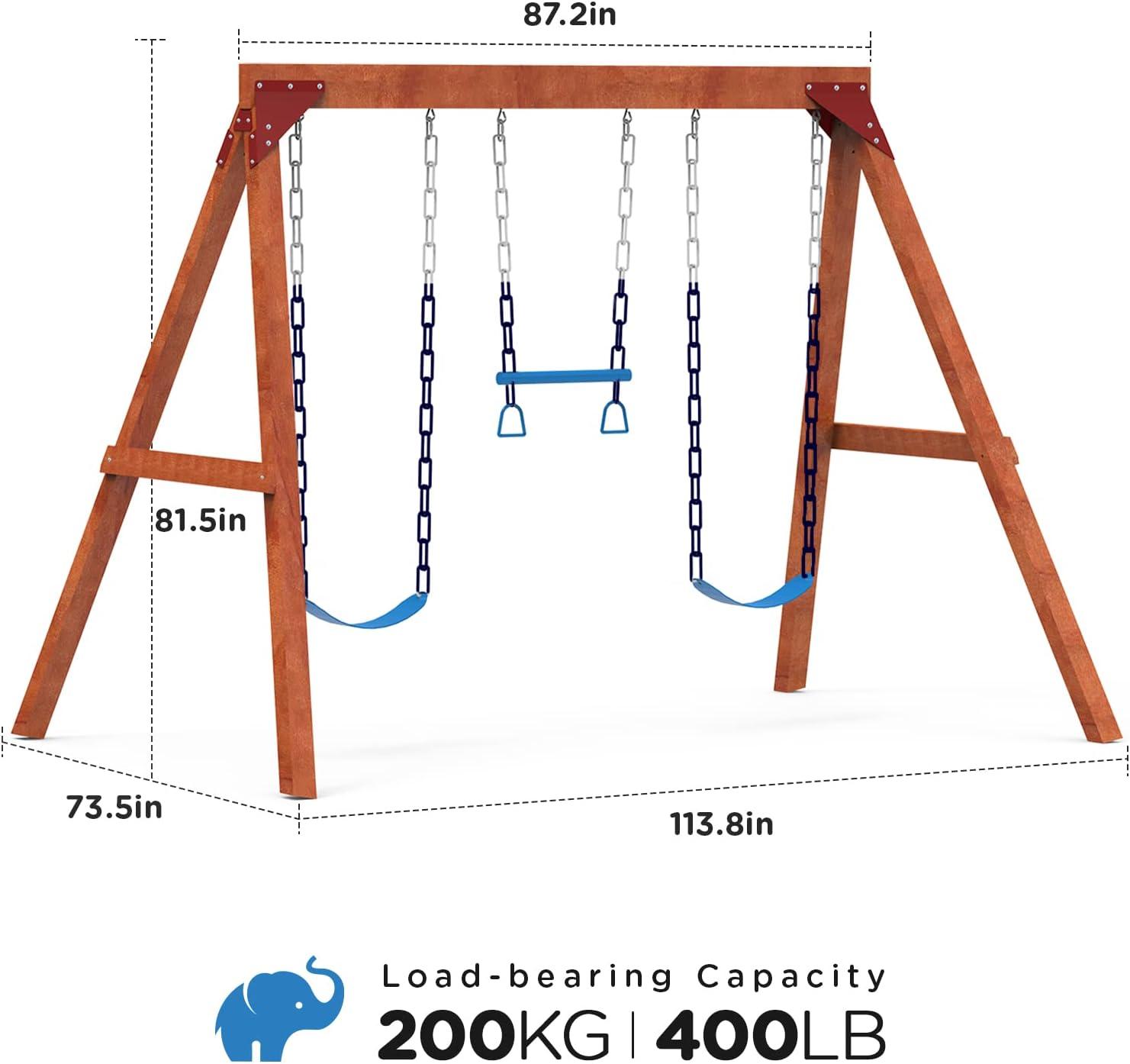 Dolphin Playground Wooden Swing Sets for Backyard, Family DIY Kit for Any Swings, Outdoor Playset for Kids with Trapeze Swing Bar and 2 Belt Swings, Heavy Duty Playground Accessories, Ages 3-10