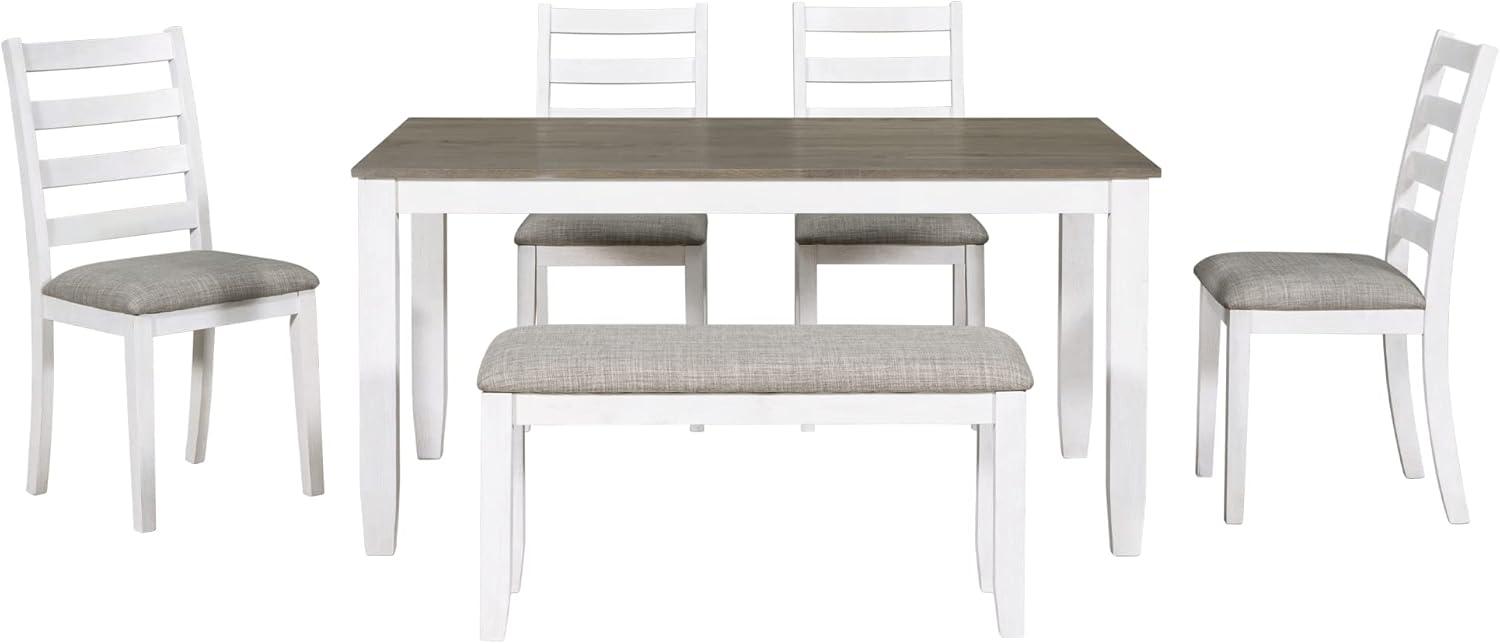 Harper & Bright Designs 6 Piece Farmhouse Dining Table Set with Bench, Wooden Dining Table with 4 Chairs & a Bench for Kitchen Room (Brown + Whitewash)