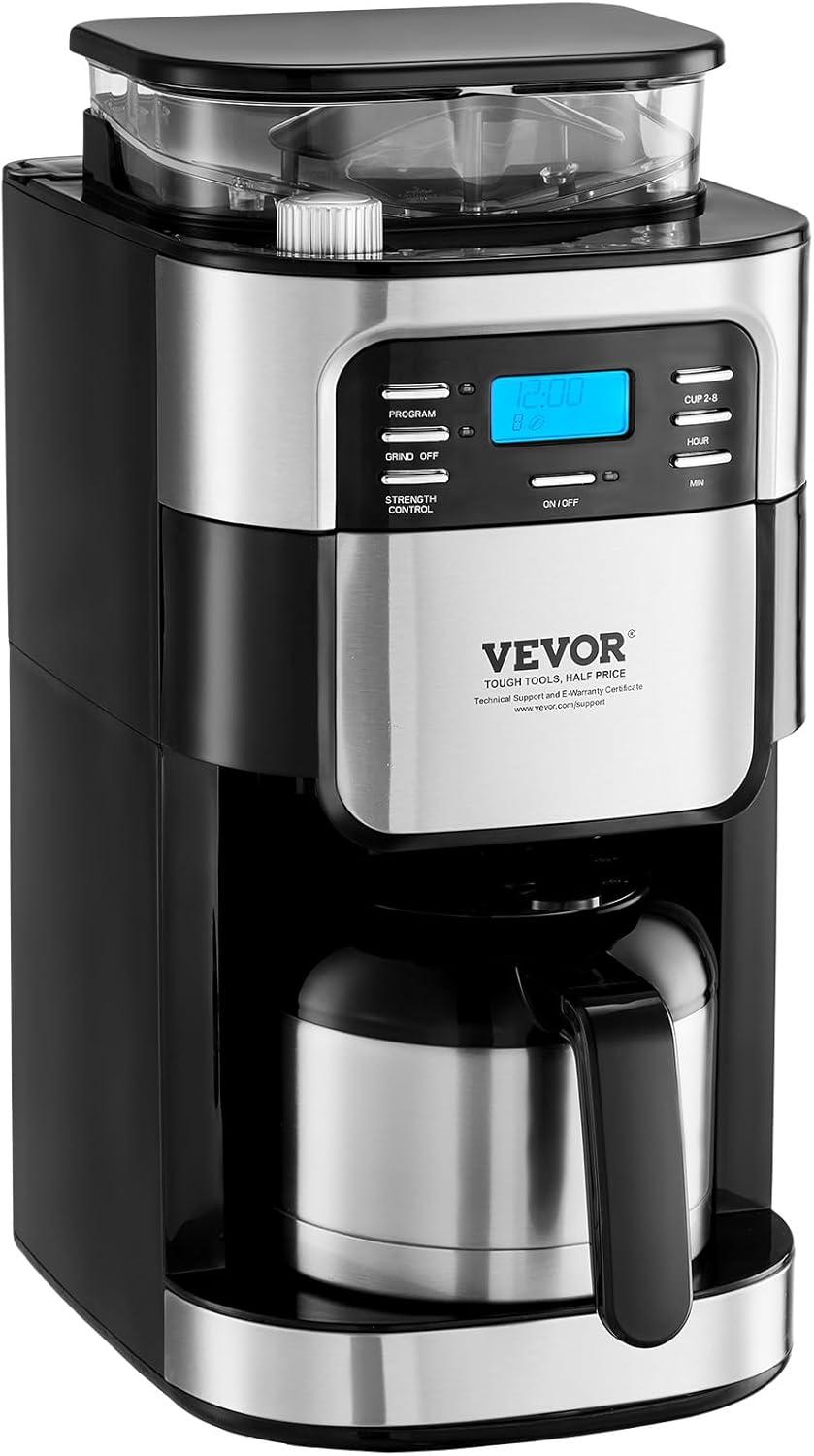 Grind and Brew Coffee Maker Machine, 8 Cup Capacity with 3 Brew Strength Options, Built in Timer for Auto Morning Brew, Ideal for Office Home Cafe, Black