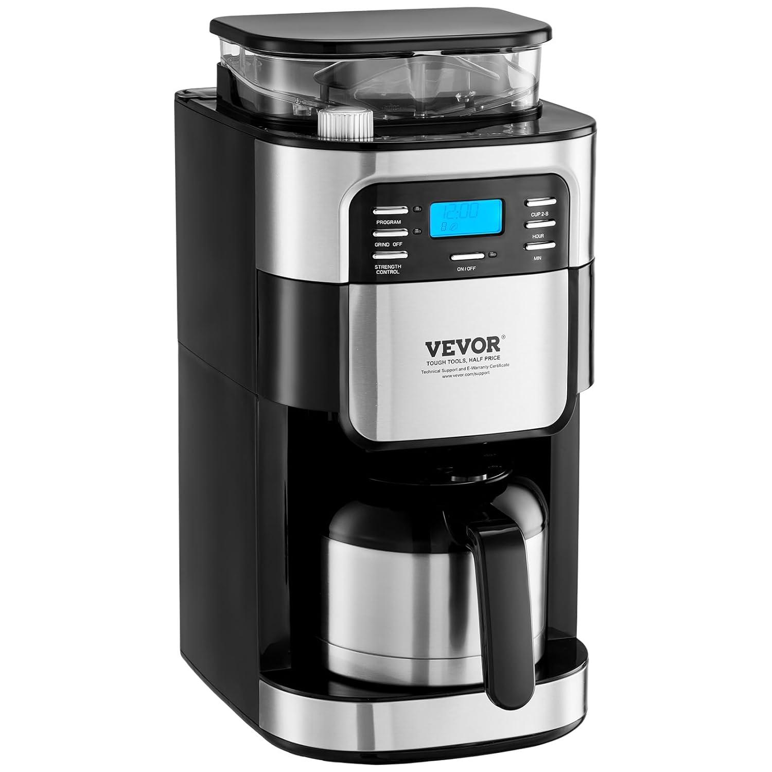 Grind and Brew Coffee Maker Machine, 8 Cup Capacity with 3 Brew Strength Options, Built in Timer for Auto Morning Brew, Ideal for Office Home Cafe, Black