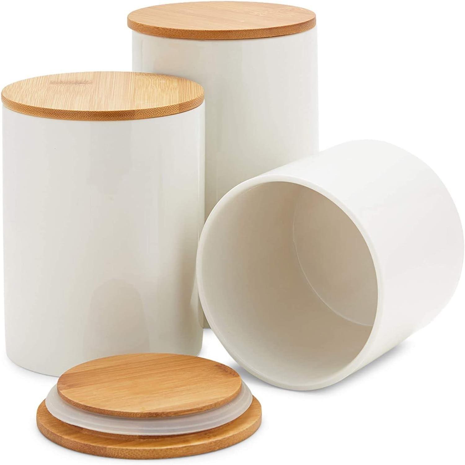 Set of 3 White Ceramic Canisters with Bamboo Lids