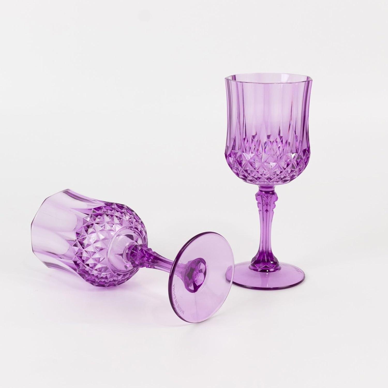 Efavormart 6-Pack Plastic Wine Glasses 8oz, Purple - Crystal Cut Shatterproof Cocktail Goblets Drinking Glasses