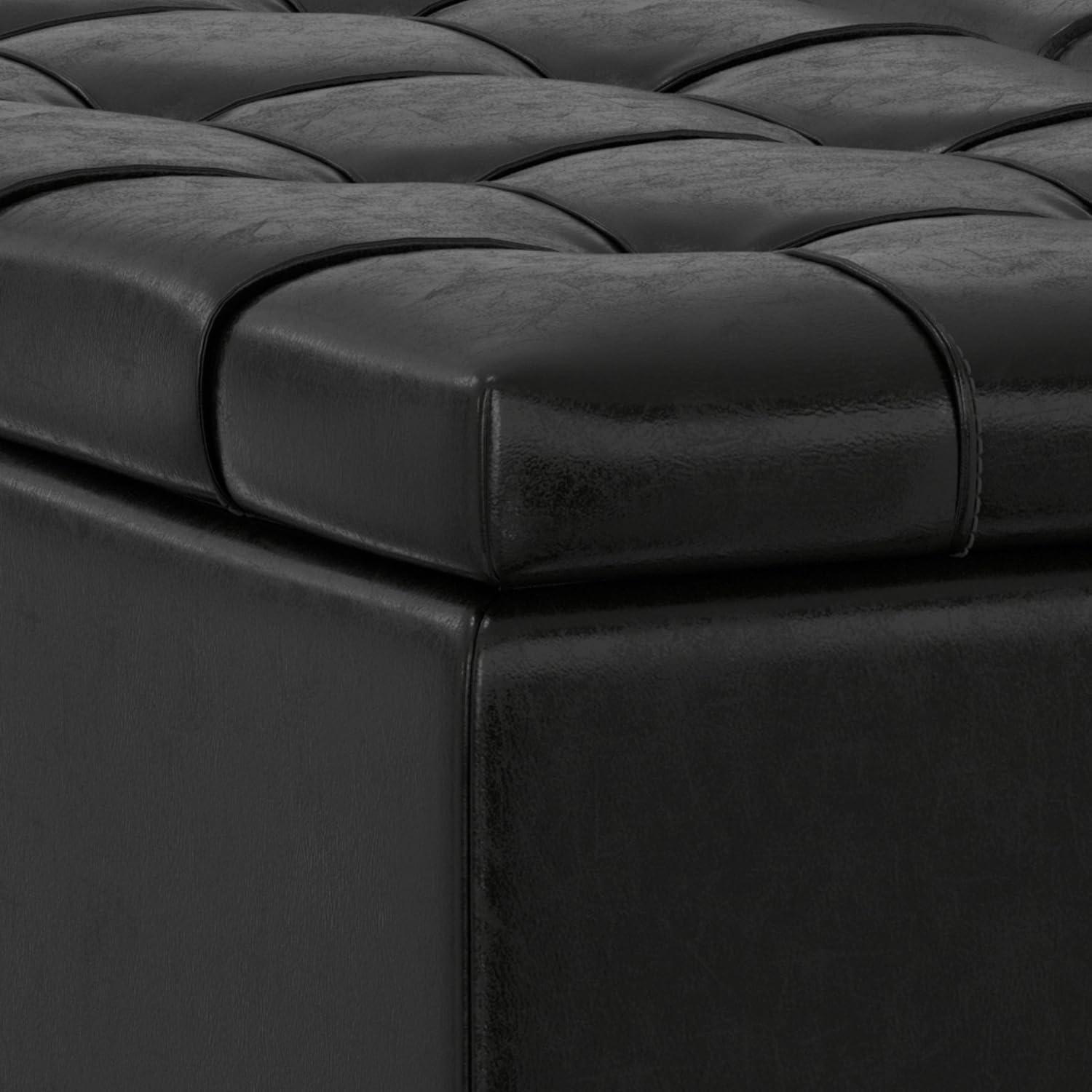 Simpli Home Laura 36"W Upholstered Square Storage Ottoman with Split Lift Top and 2 Storage Compartments