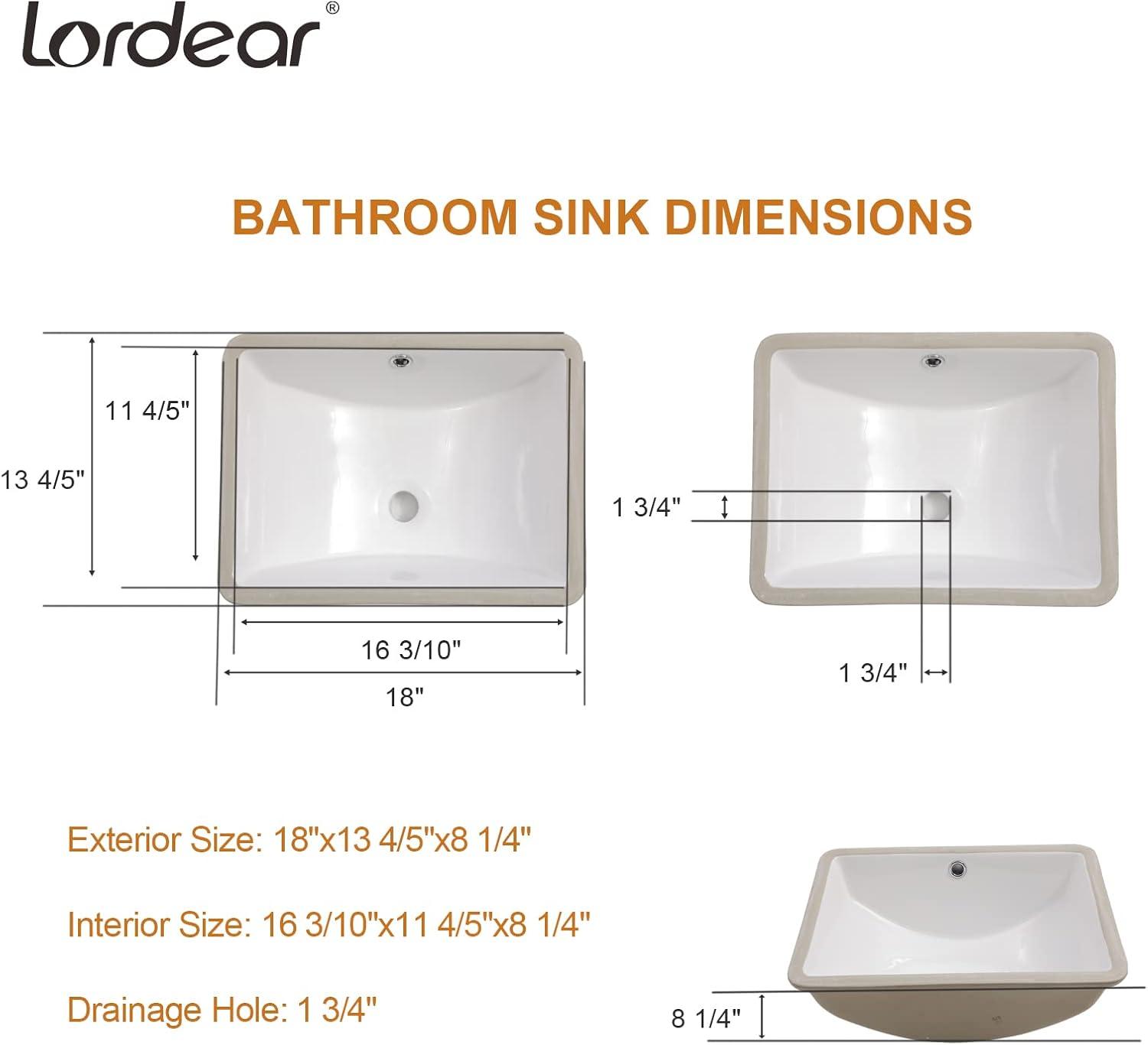 18" White Ceramic Rectangular Undermount Bathroom Sink