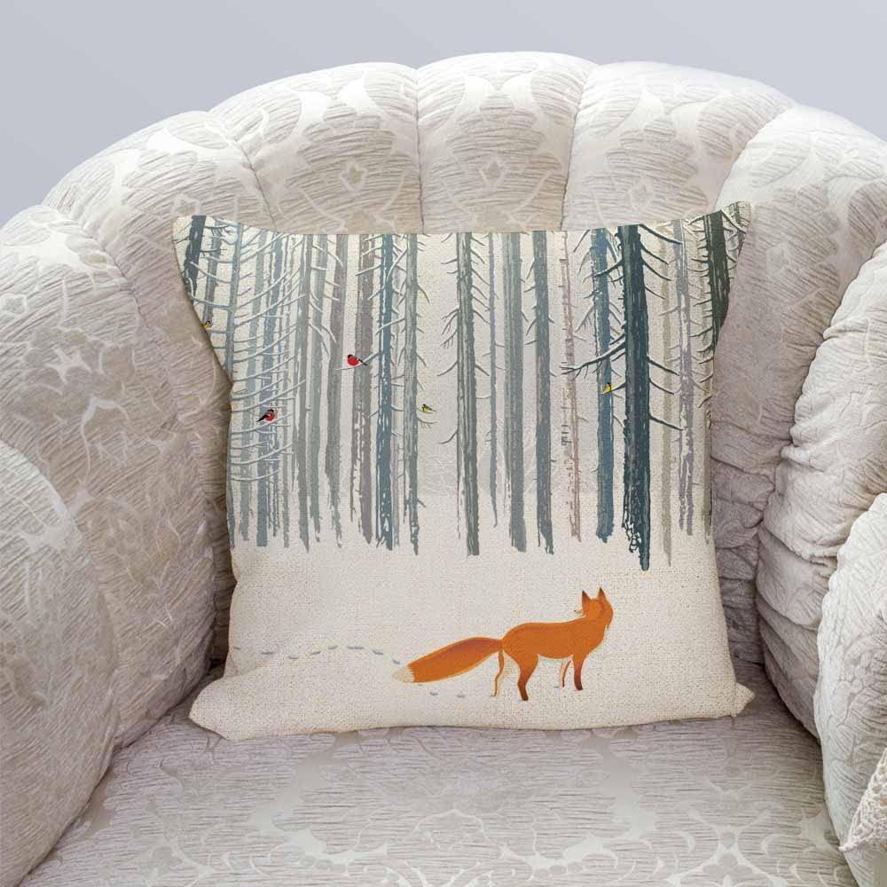 Throw Pillow Case Winter Forest Landscape Fox Bird Throw Pillow Covers Decorative Cushion Cover Sofa Bed Pillow Case 18 x 18 Inch