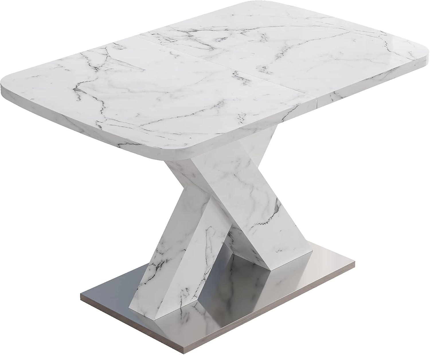 Extendable Dining Table for 4-6 People, Expandable 47-63 Inch Modern White Faux Marble Dining Room Table with MDF Table Top X-Shape Table Leg Metal Base (White Top, White Leg)