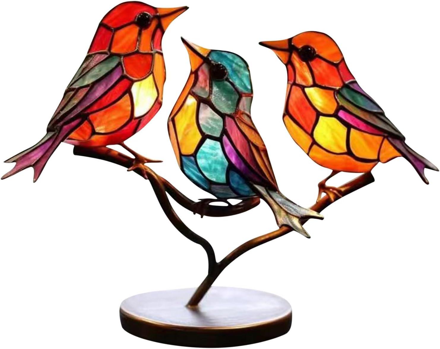 Stained Glass Birds on Branch Desktop Ornaments,Handmade Stained Glass Bird Suncatche,Double Sided Multicolor Style Birds Colors Alloy Ornaments,Suitable Home Patio and Bird Lover