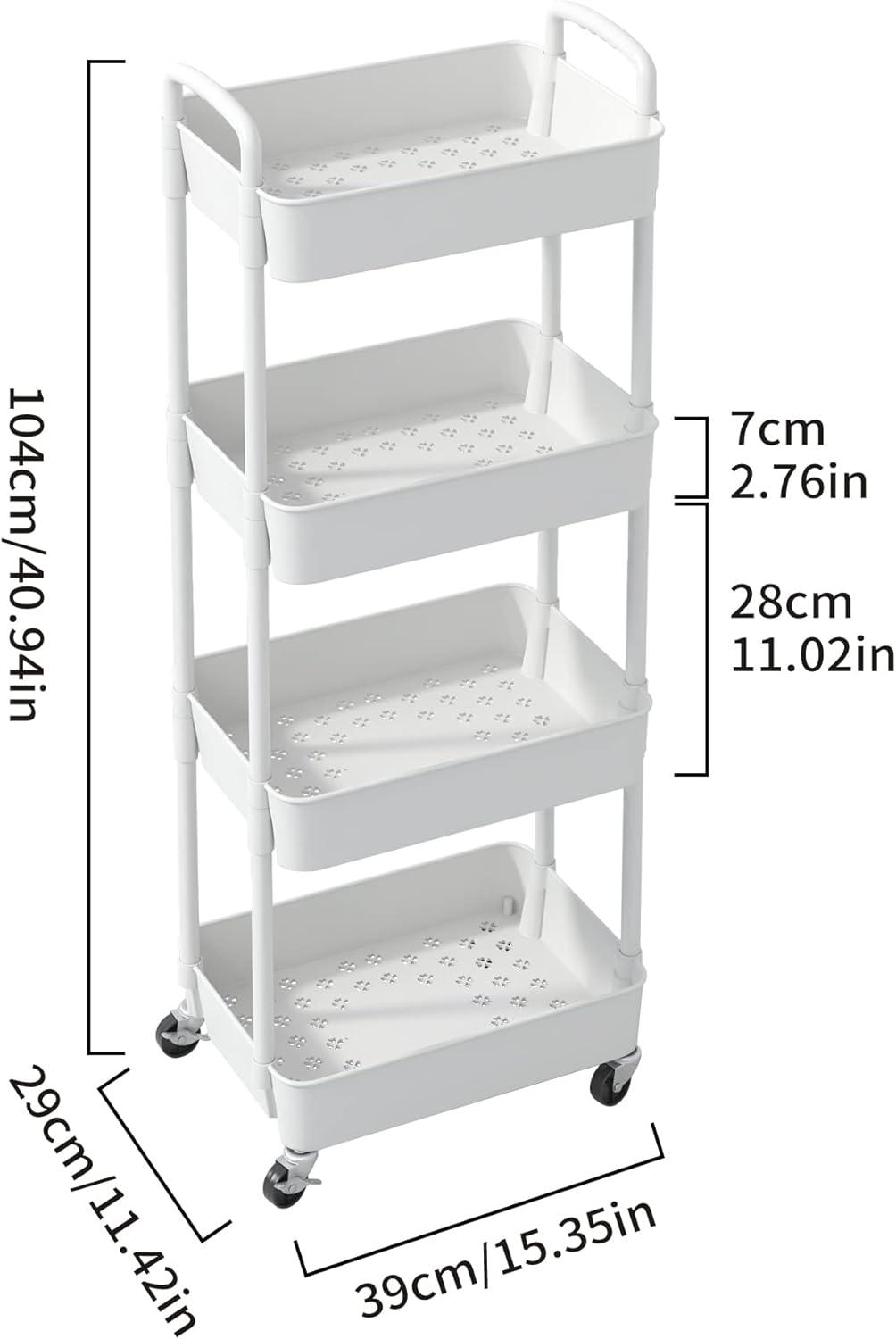 White 4-Tier Plastic Rolling Kitchen Storage Cart with Handle