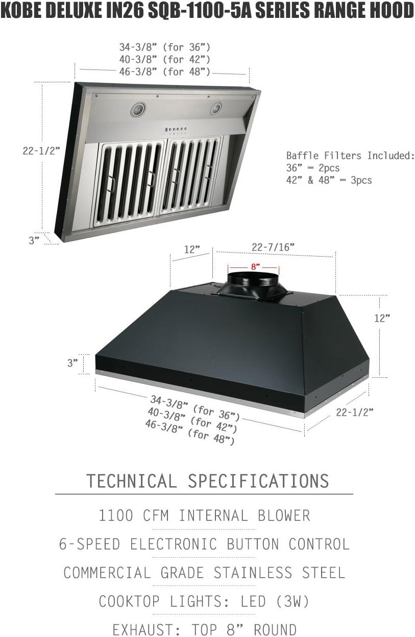 Kobe Range Hoods 36" Stainless Steel 1100 CFM Ducted (Vented) Insert Range Hood with Baffle Filter