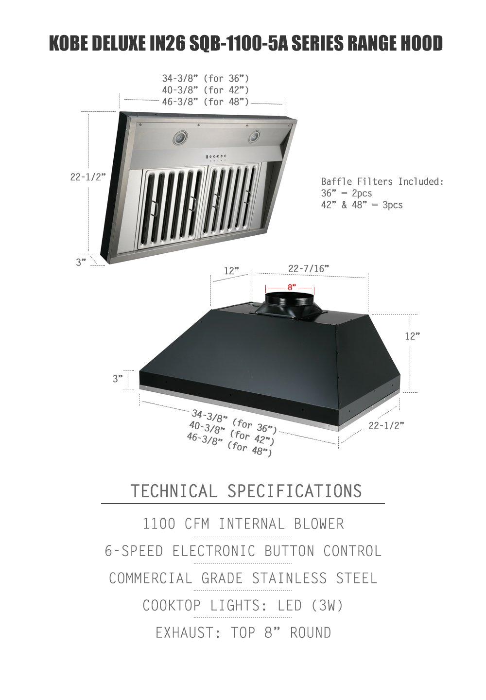 Kobe Range Hoods 36" Stainless Steel 1100 CFM Ducted (Vented) Insert Range Hood with Baffle Filter