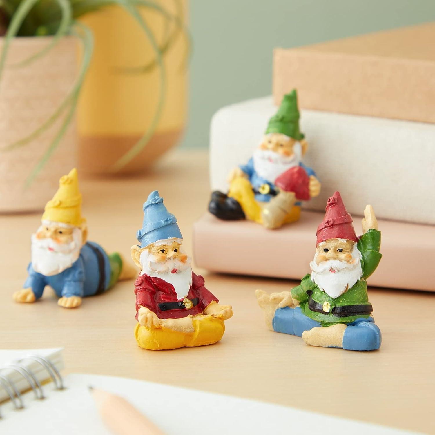 Juvale 4 Pieces Mini Garden Gnomes, Outdoor Fairy Miniature Statue Accessories Set, Decorations in Funny Poses, Yard Ornaments for Yoga Gifts, Planter