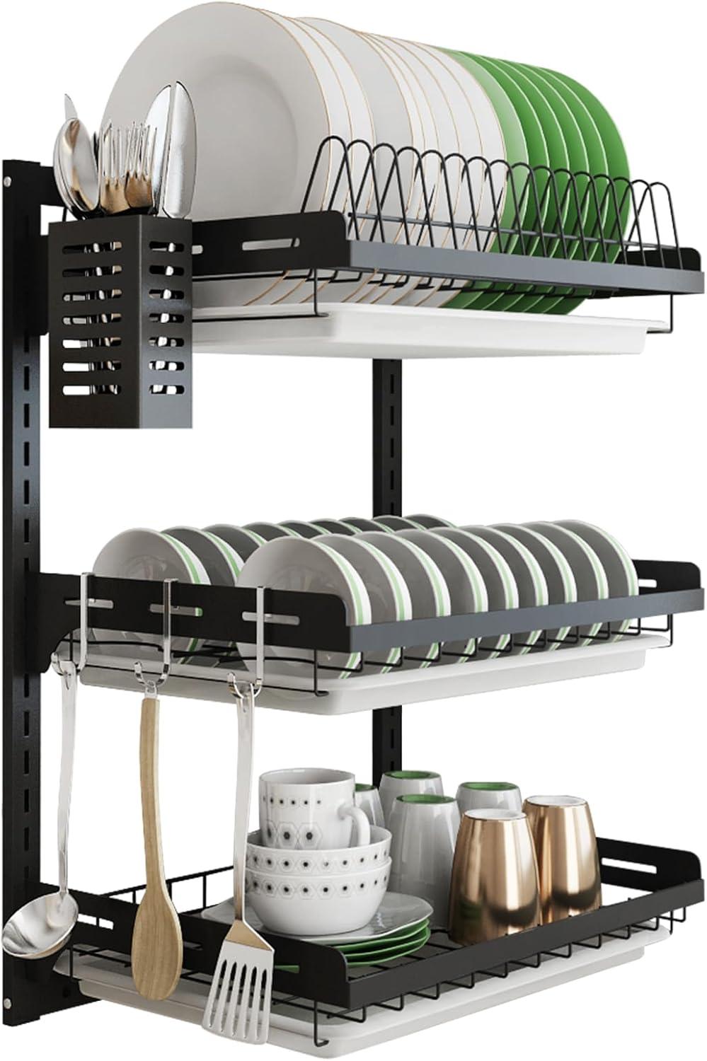 3 Tier Black Stainless Steel Dish Drying Rack Fruit Vegetable Storage Basket with Drainboard and Hanging Chopsticks Cage Knife Holder Wall Mounted Kitchen Supplies Shelf Utensils Organizer