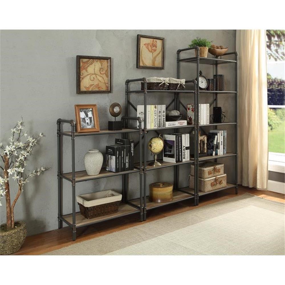 48" Itzel 4 Shelves Bookcase Antique Oak/Sandy Gray - Acme Furniture: Metal Frame, Open Back Design, Home Office Storage
