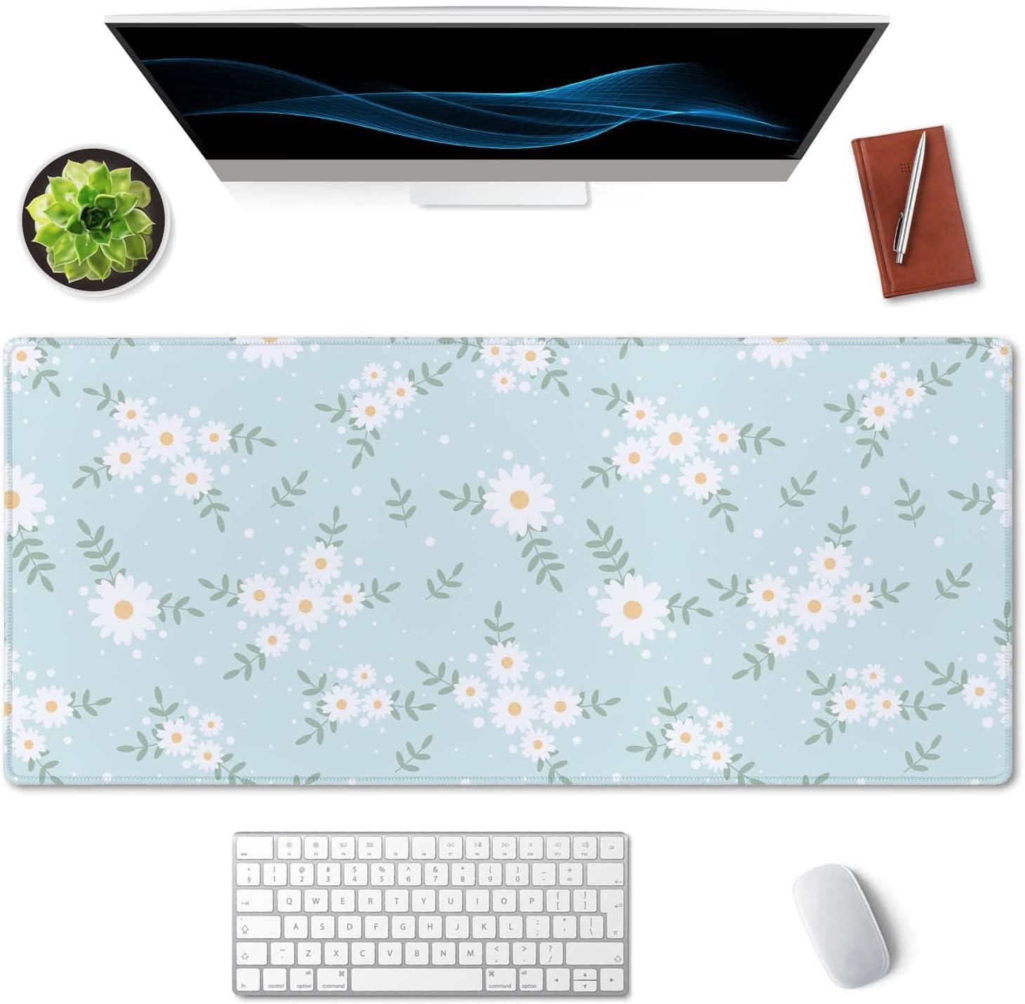 SSOIU Cute Spring Flowers Desk Mat, White Daisy Flower Mat, Extra Large Home Office Cute Accessories, Extended Mouse Pad, XXL Gaming Mouse Pad 35.5" X 15.7"