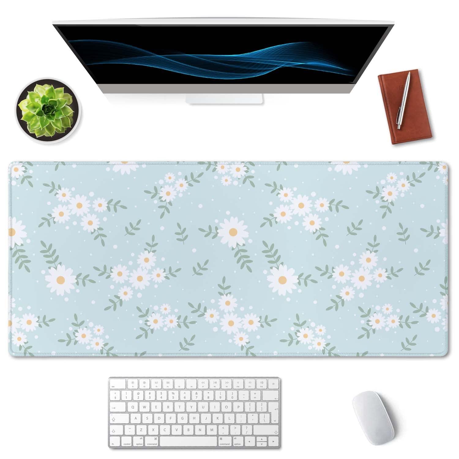 SSOIU Cute Spring Flowers Desk Mat, White Daisy Flower Mat, Extra Large Home Office Cute Accessories, Extended Mouse Pad, XXL Gaming Mouse Pad 35.5" X 15.7"