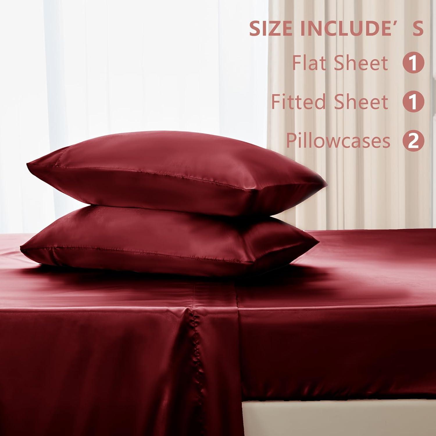 Cloud Fino Luxurious Satin Bed Sheets Burgundy Silk Sheets King 15 " Deep Pocket Pillowcases Sheet, 4-Piece
