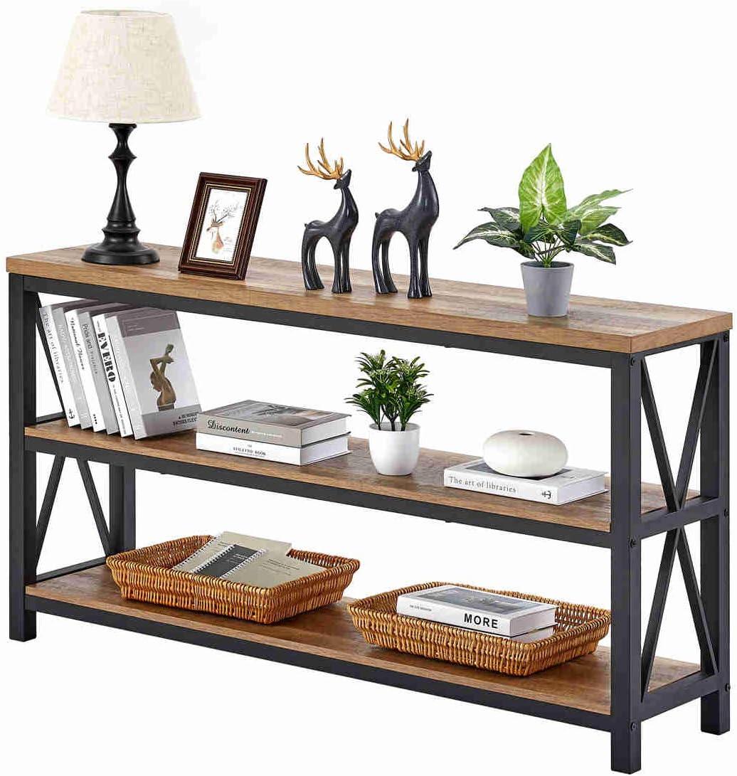 Industrial Rustic Oak Wood and Metal Console Table with Storage