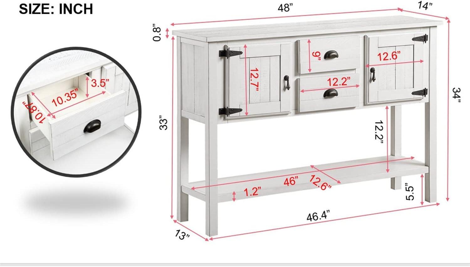 48" Solid Wood Buffet Sideboard,Farmhouse Console Table with Bottom Shelf,Retro-Style Storage Cabinet for Entryway,Living Room,Dining Room,Kitchen,Antique White