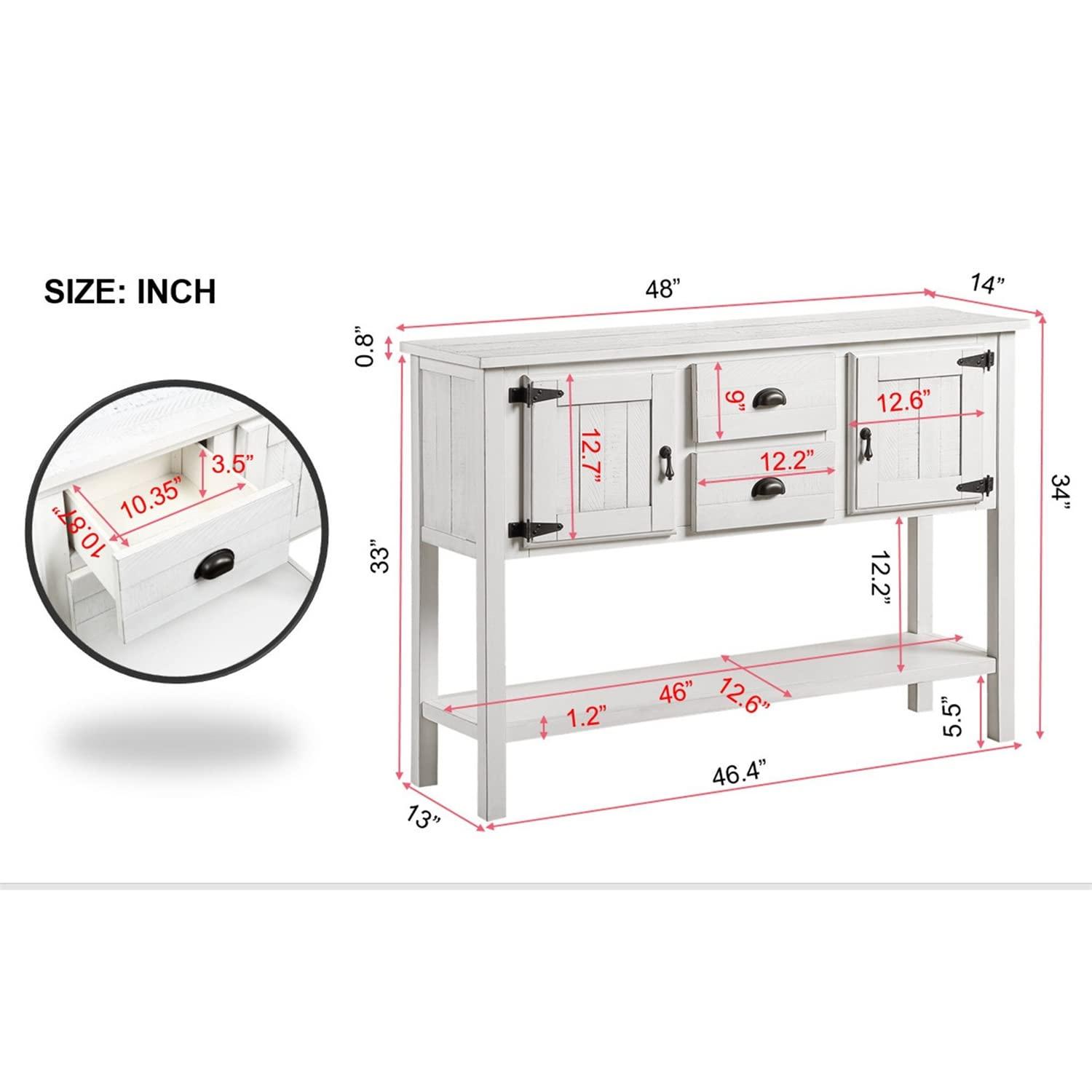 48" Solid Wood Buffet Sideboard,Farmhouse Console Table with Bottom Shelf,Retro-Style Storage Cabinet for Entryway,Living Room,Dining Room,Kitchen,Antique White