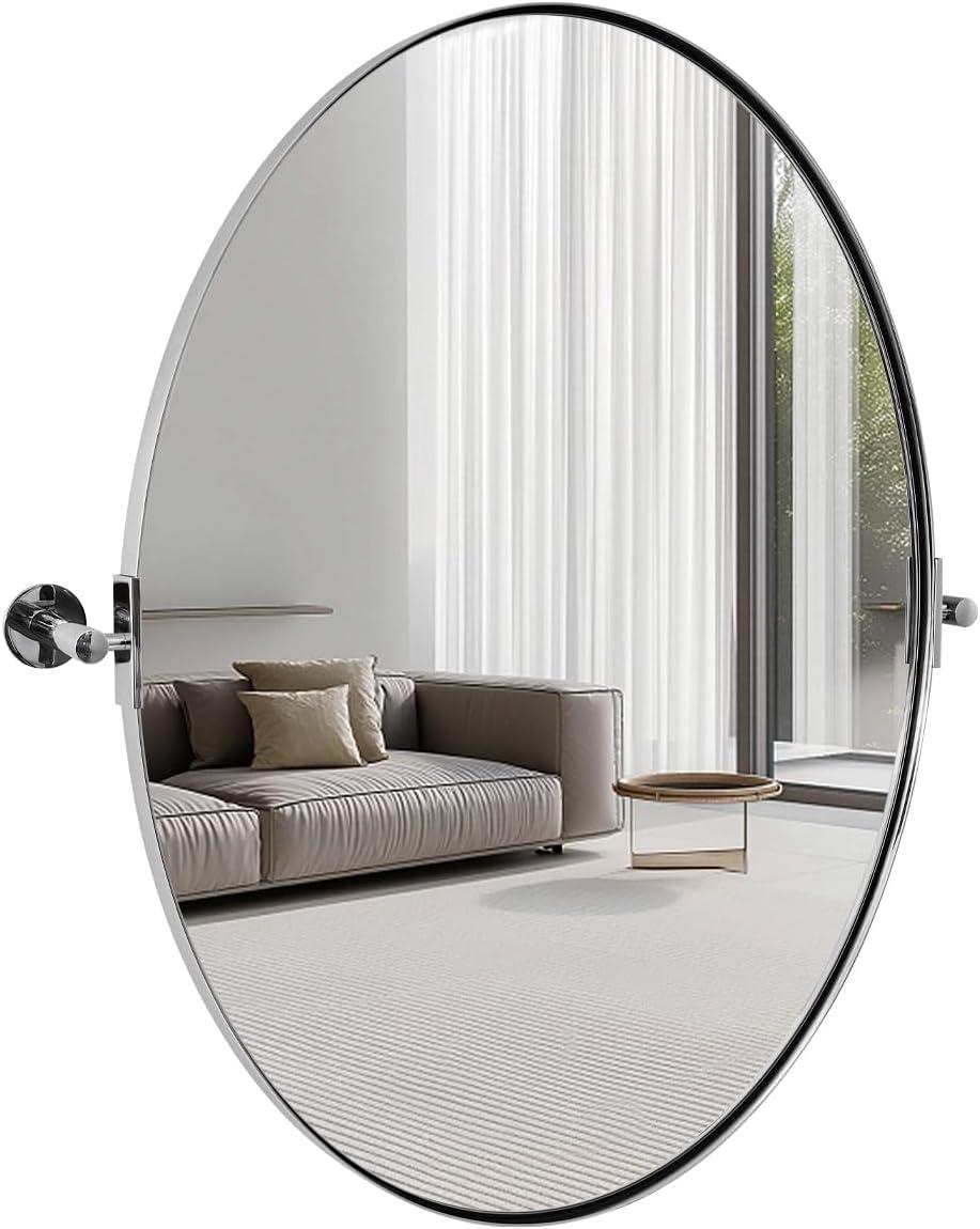 ANDY STAR Oval Bathroom Mirror, 24" x 36" Chrome Stainless Steel Metal Frame Vanity Mirror for Over Sink with Adjustable Tilting Design, Pivoting Mirror for Modern Wall Decor