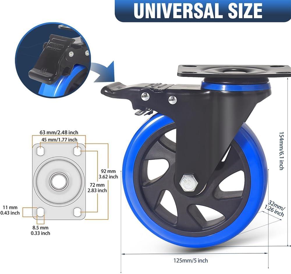 5 Inch Caster Wheels 2400Lbs, Castors Set of 4, Heavy Duty Casters with Brake, Safety Dual Locking Industrial Casters, No Noise Wheels with Polyurethane Foam (Two Hardware Kits Included)