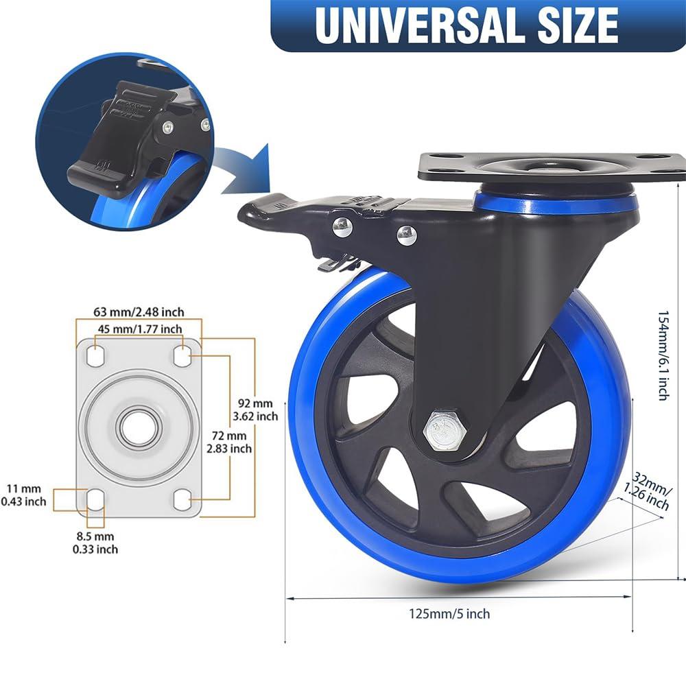 5 Inch Caster Wheels 2400Lbs, Castors Set of 4, Heavy Duty Casters with Brake, Safety Dual Locking Industrial Casters, No Noise Wheels with Polyurethane Foam (Two Hardware Kits Included)